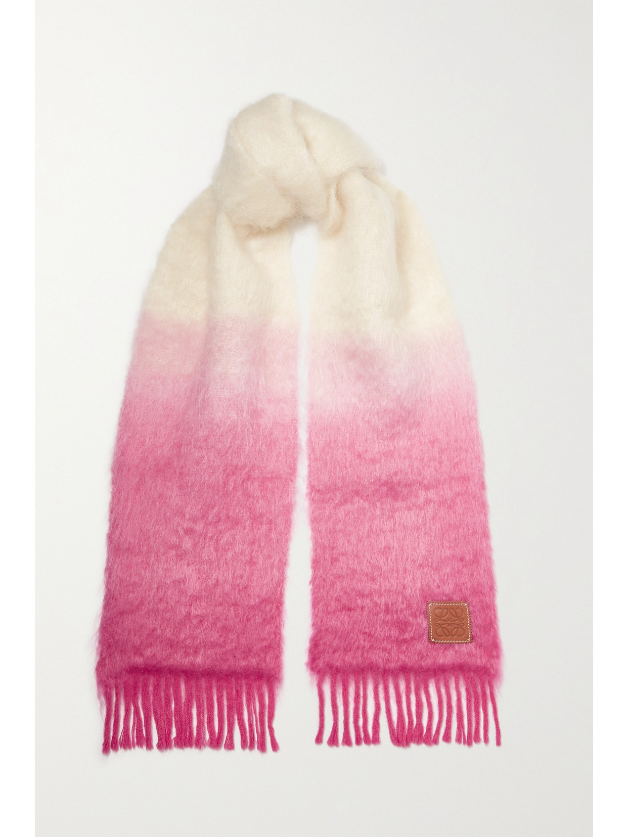 LOEWE LEATHER-TRIMMED FRINGED OMBRÉ MOHAIR-BLEND SCARF