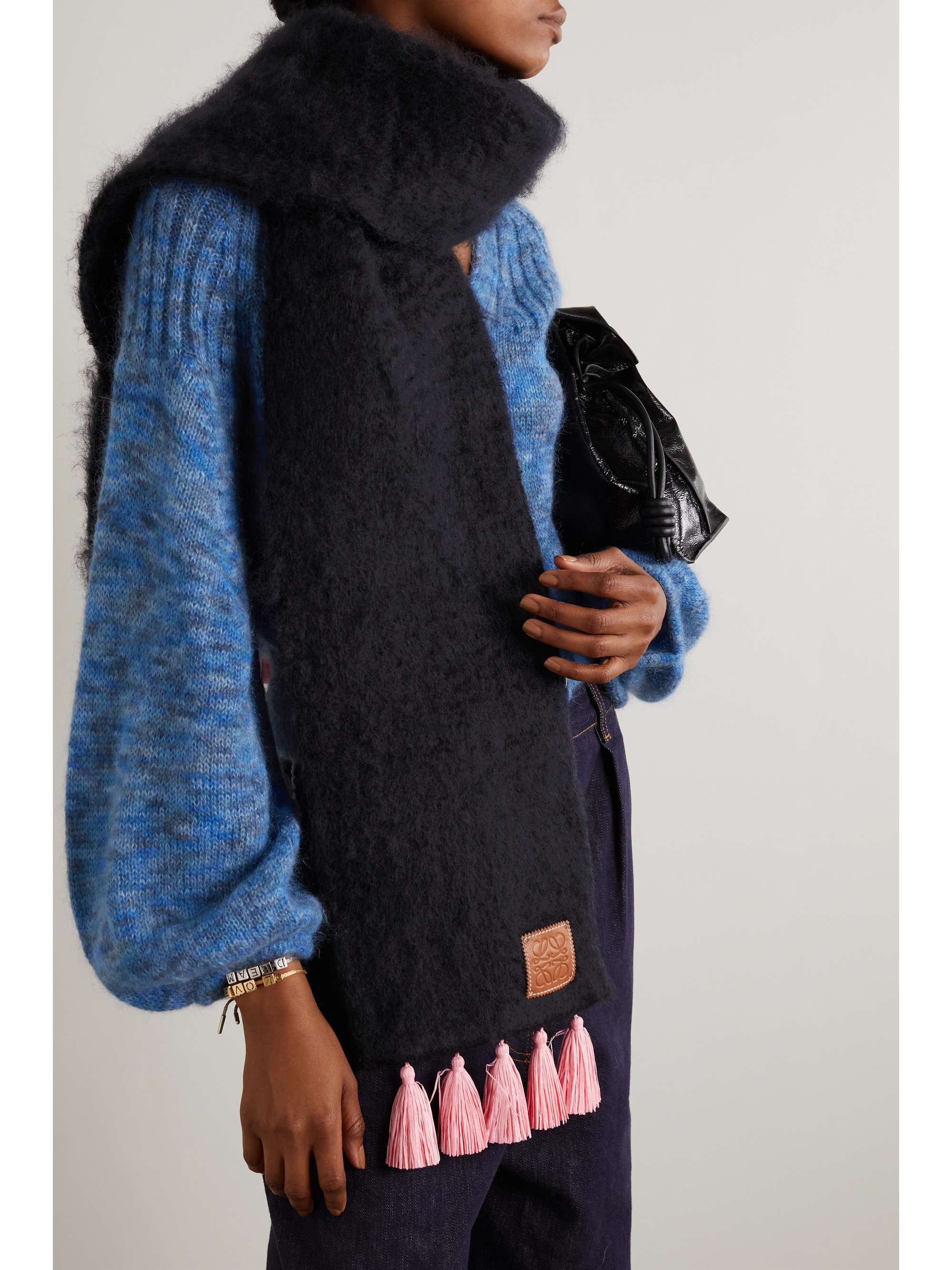 LOEWE Appliquéd tasseled mohair-blend scarf