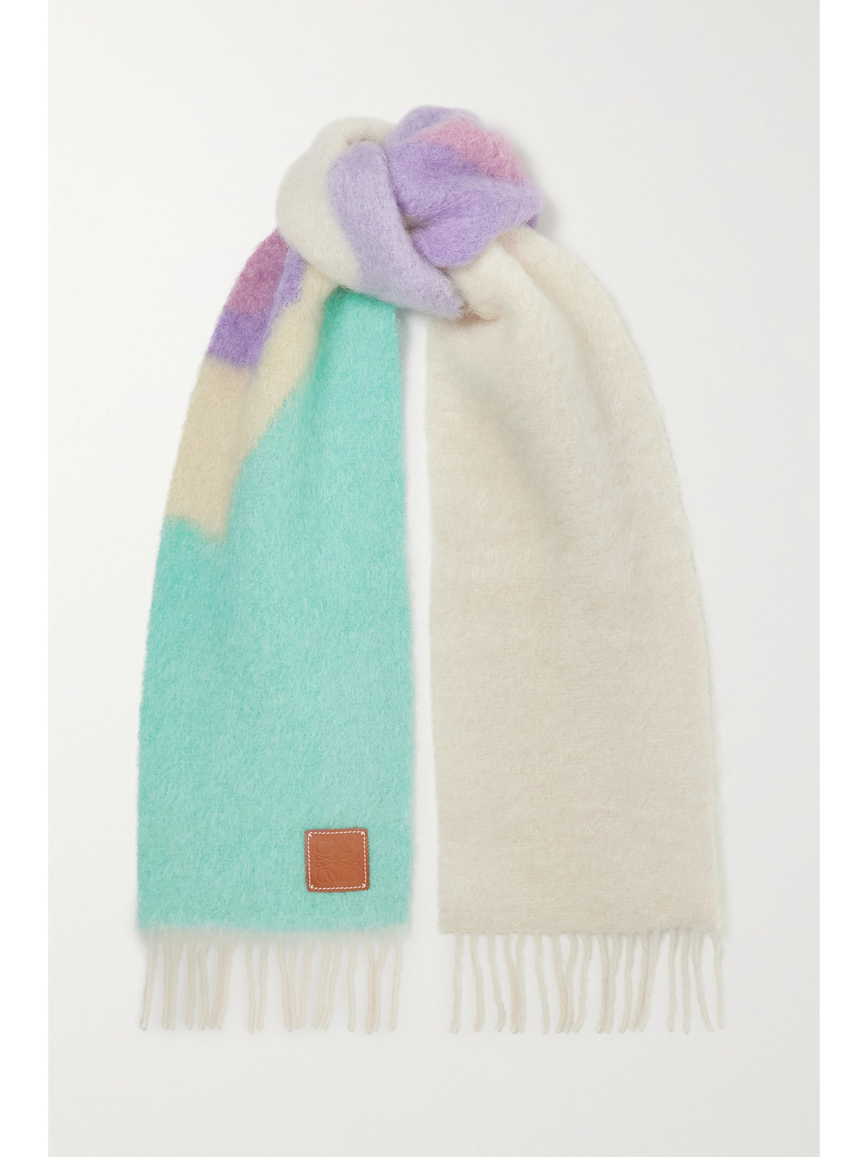 Loewe Anagram-patch Colour-block Mohair-blend Scarf In Purple