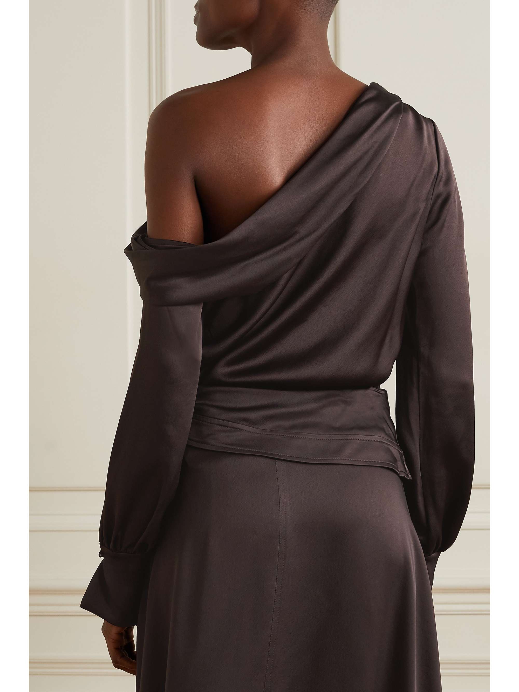 Dark brown Alice one-shoulder draped hammered-satin top | JONATHAN SIMKHAI | NET-A-PORTER
