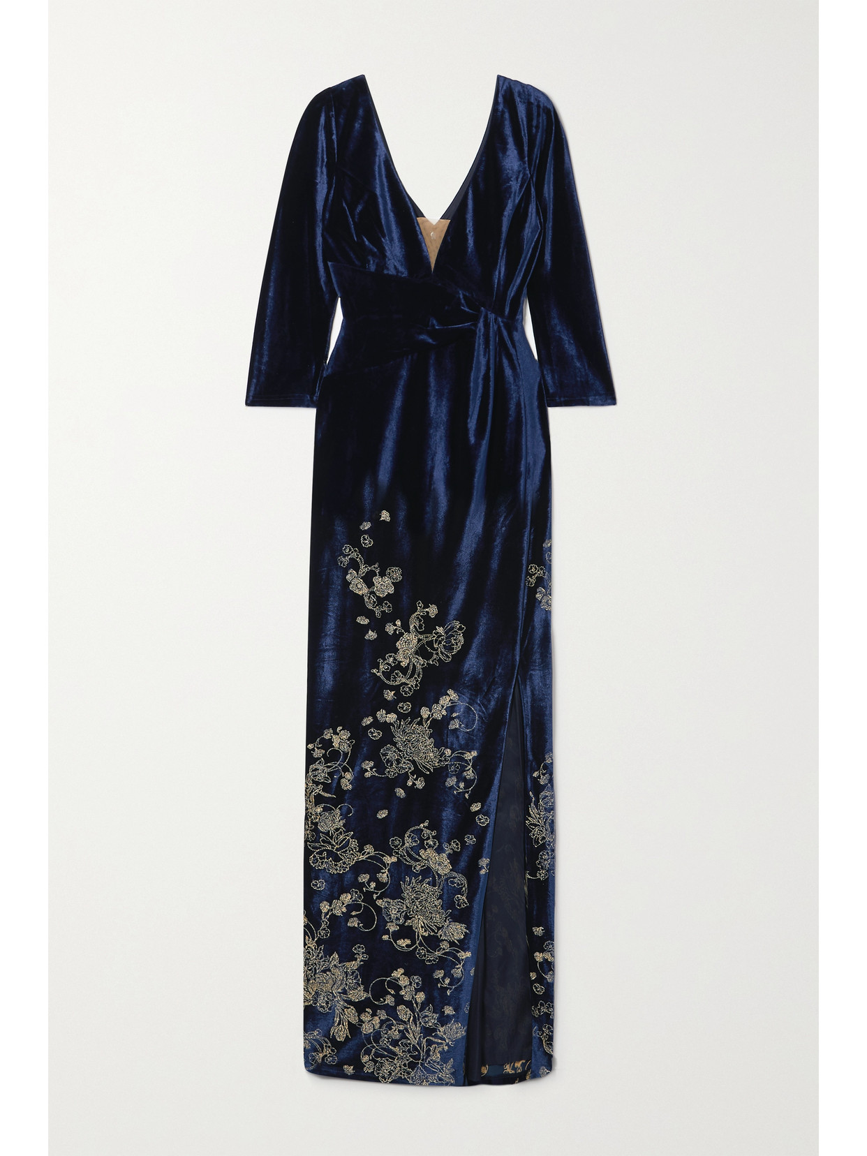 Shop Marchesa Notte Embroidered Velvet Gown In Blue