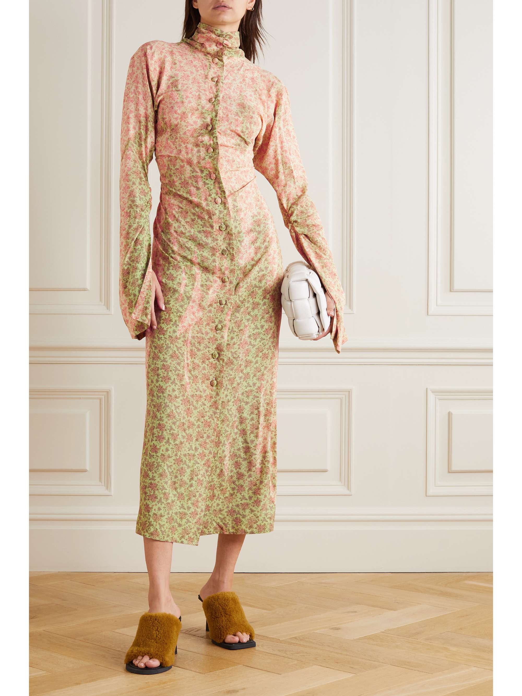 ACNE STUDIOS 褶饰花卉印花梭织中长连衣裙