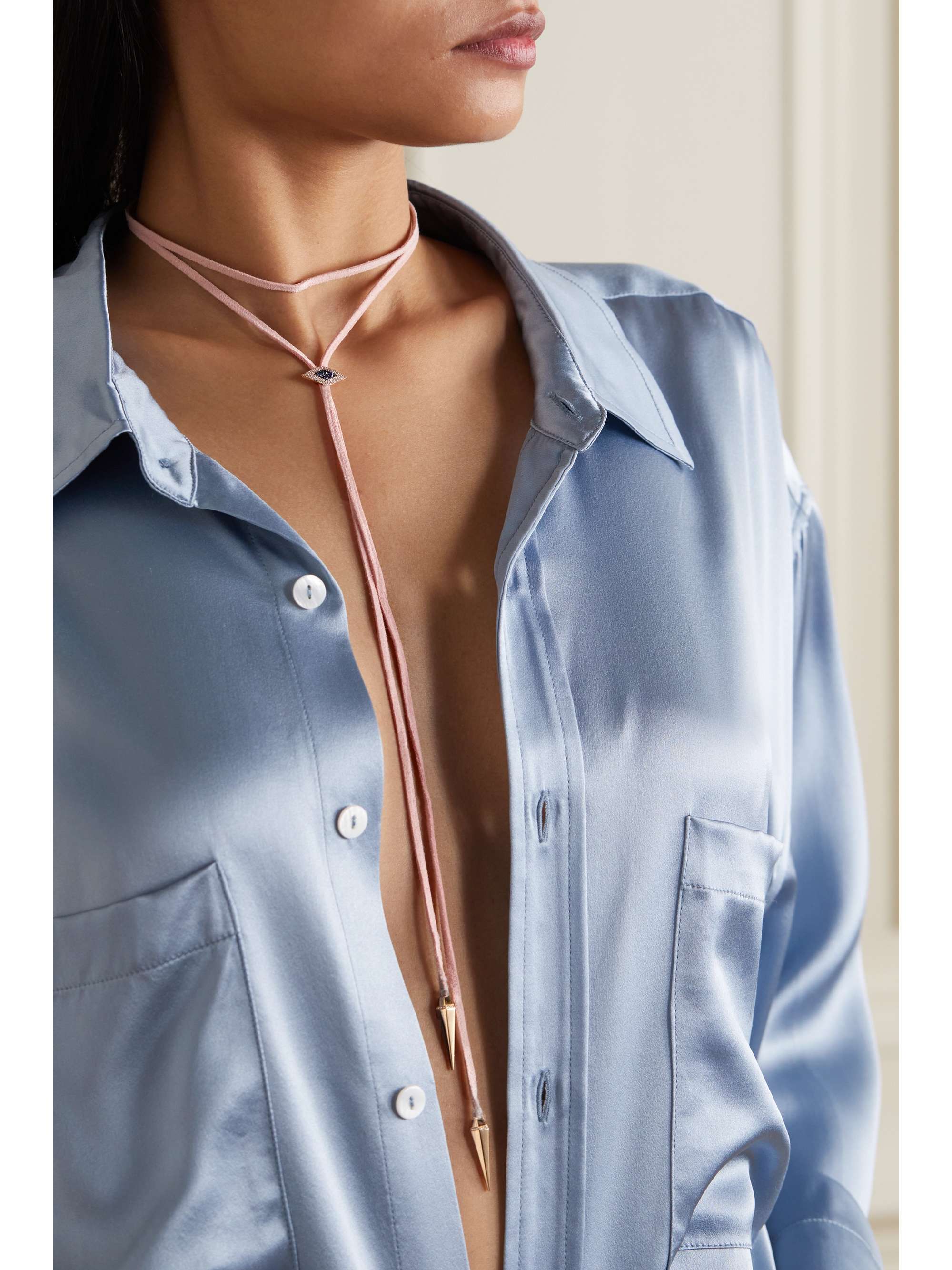 DIANE KORDAS Evil Eye suede, 18-karat rose gold, diamond and sapphire necklace