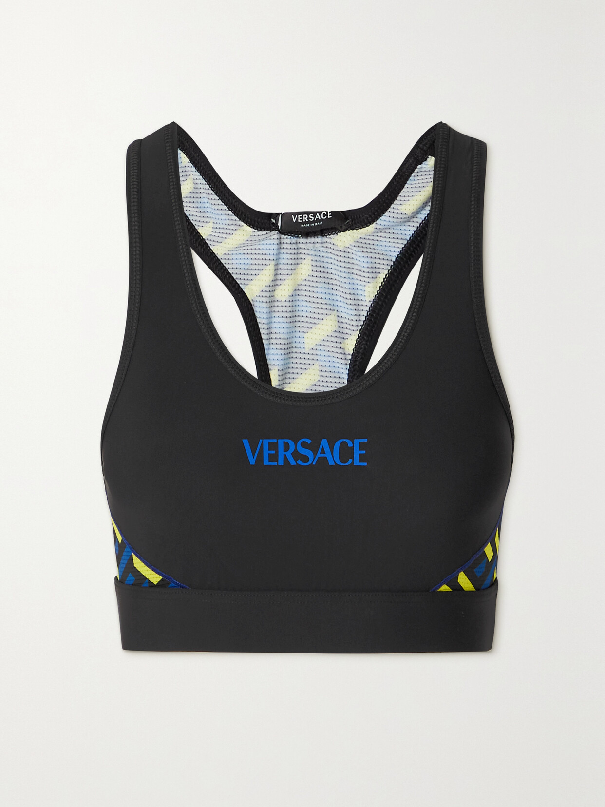 Versace La Greca Monogram Print Sports Bra In Black