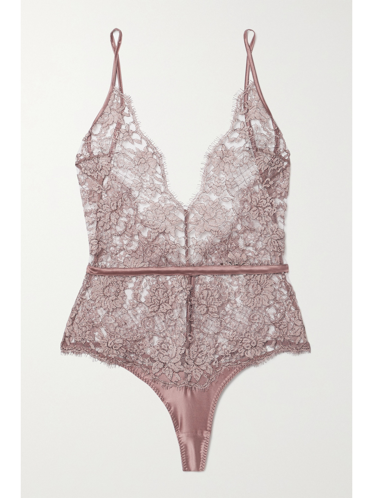 COCO DE MER GAIA SATIN-TRIMMED METALLIC LACE BODYSUIT