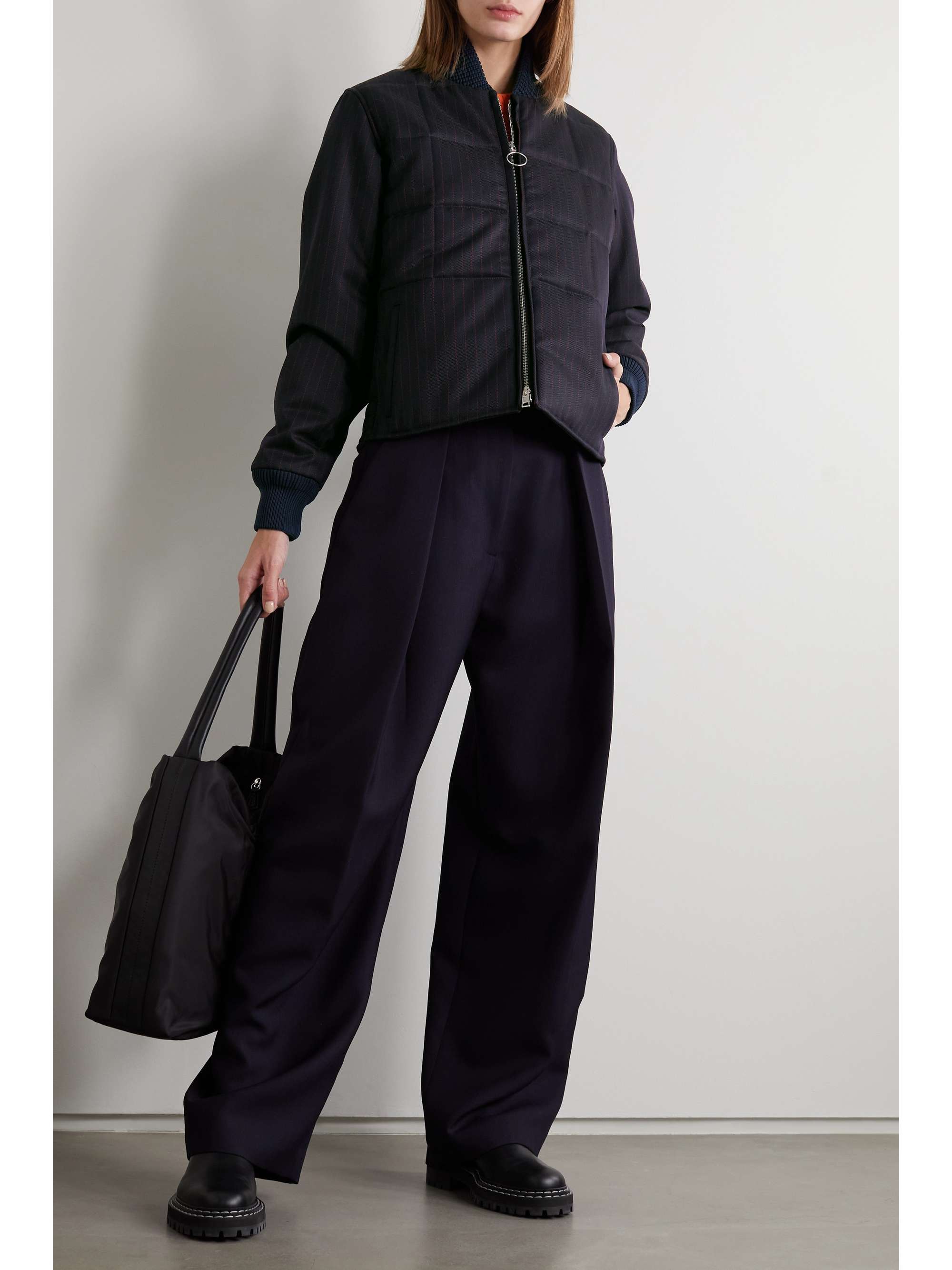 VICTORIA BECKHAM Quilted pinstriped wool-twill bomber jacket