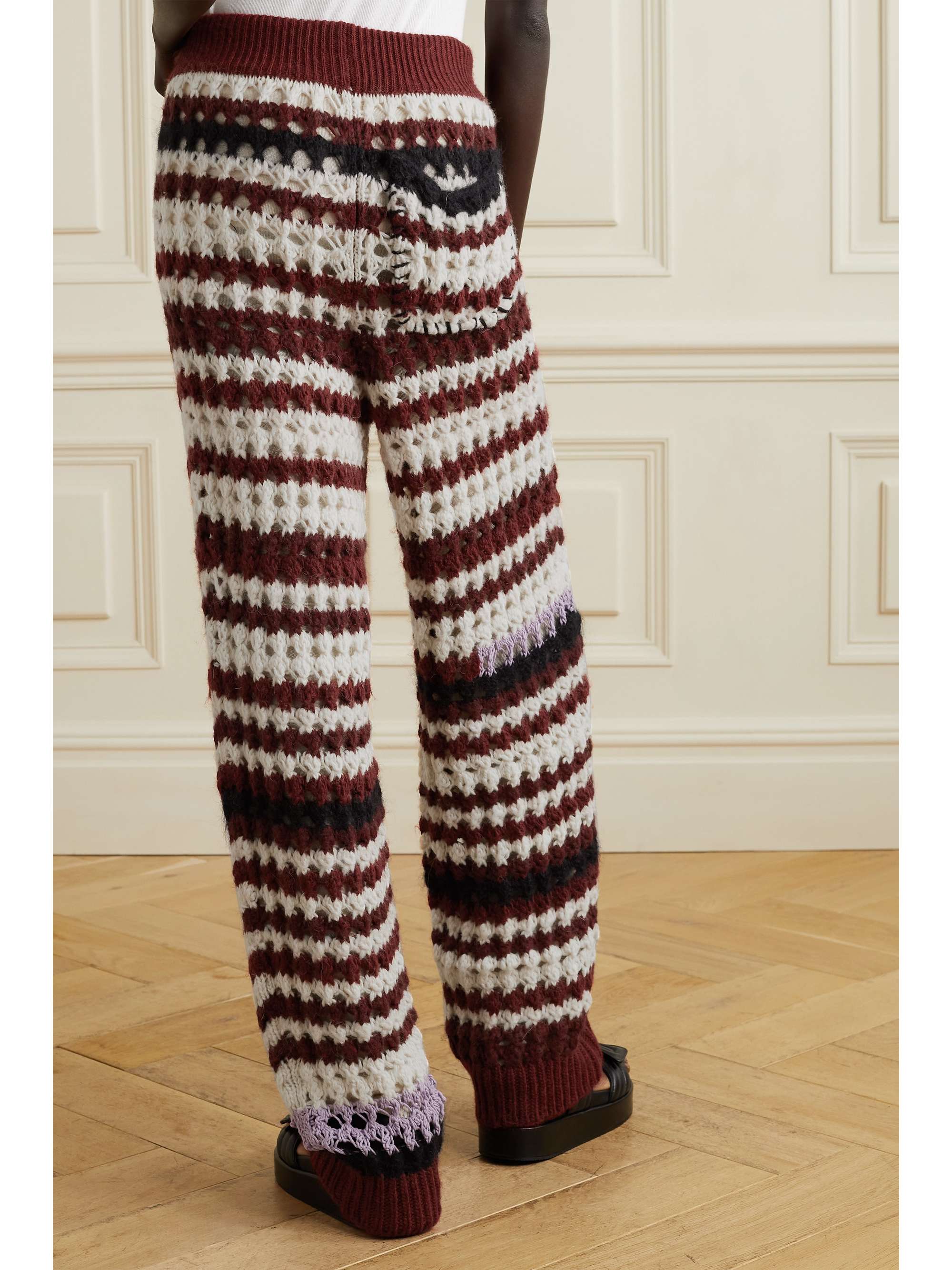 Cream Striped crochet-knit straight-leg 