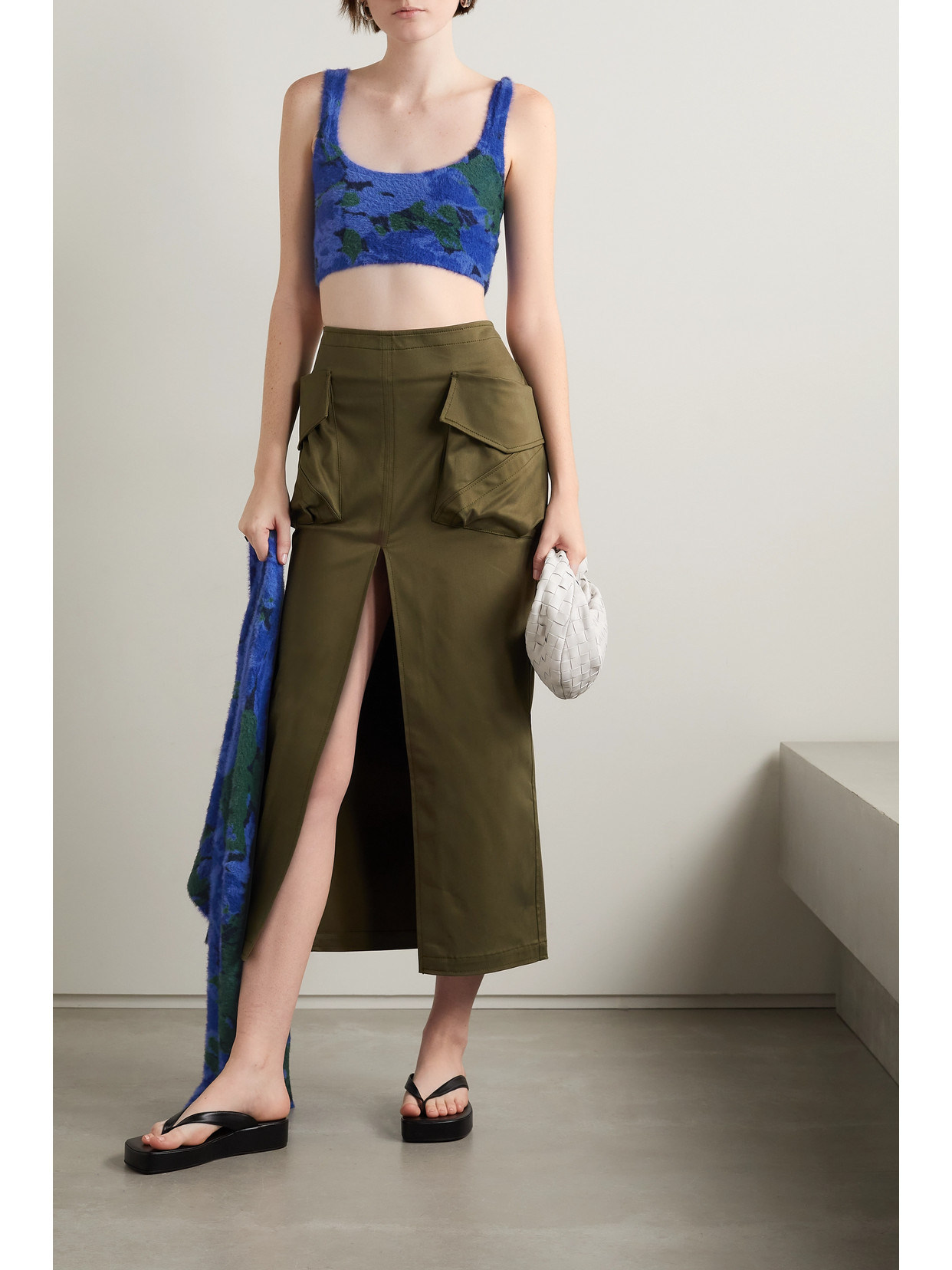 Rotate Birger Christensen Birdy Cropped Printed Brushed Knitted Top In Blue