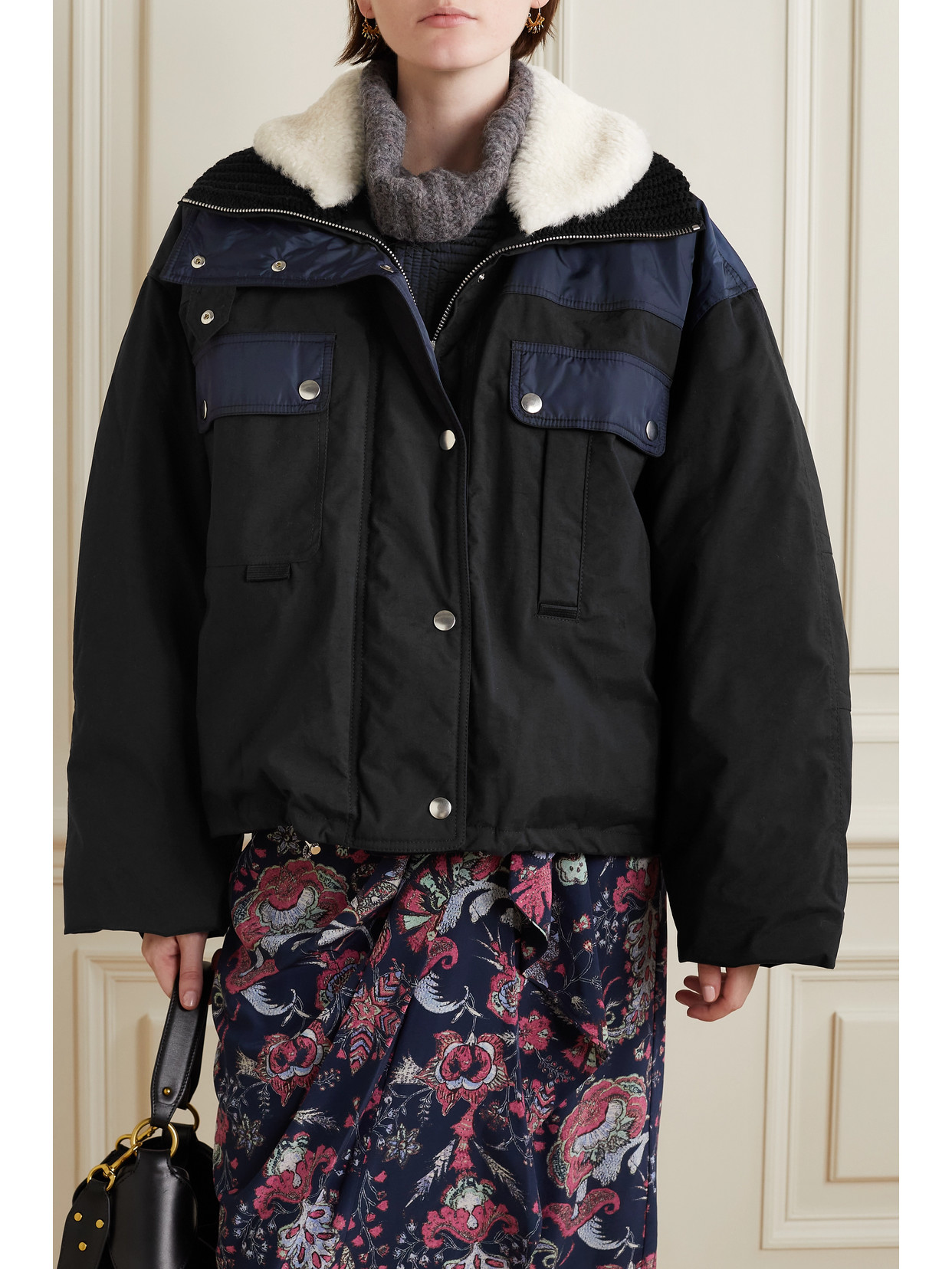 Isabel Marant Dellazia Shearling-trimmed Padded Shell Bomber Jacket In Black