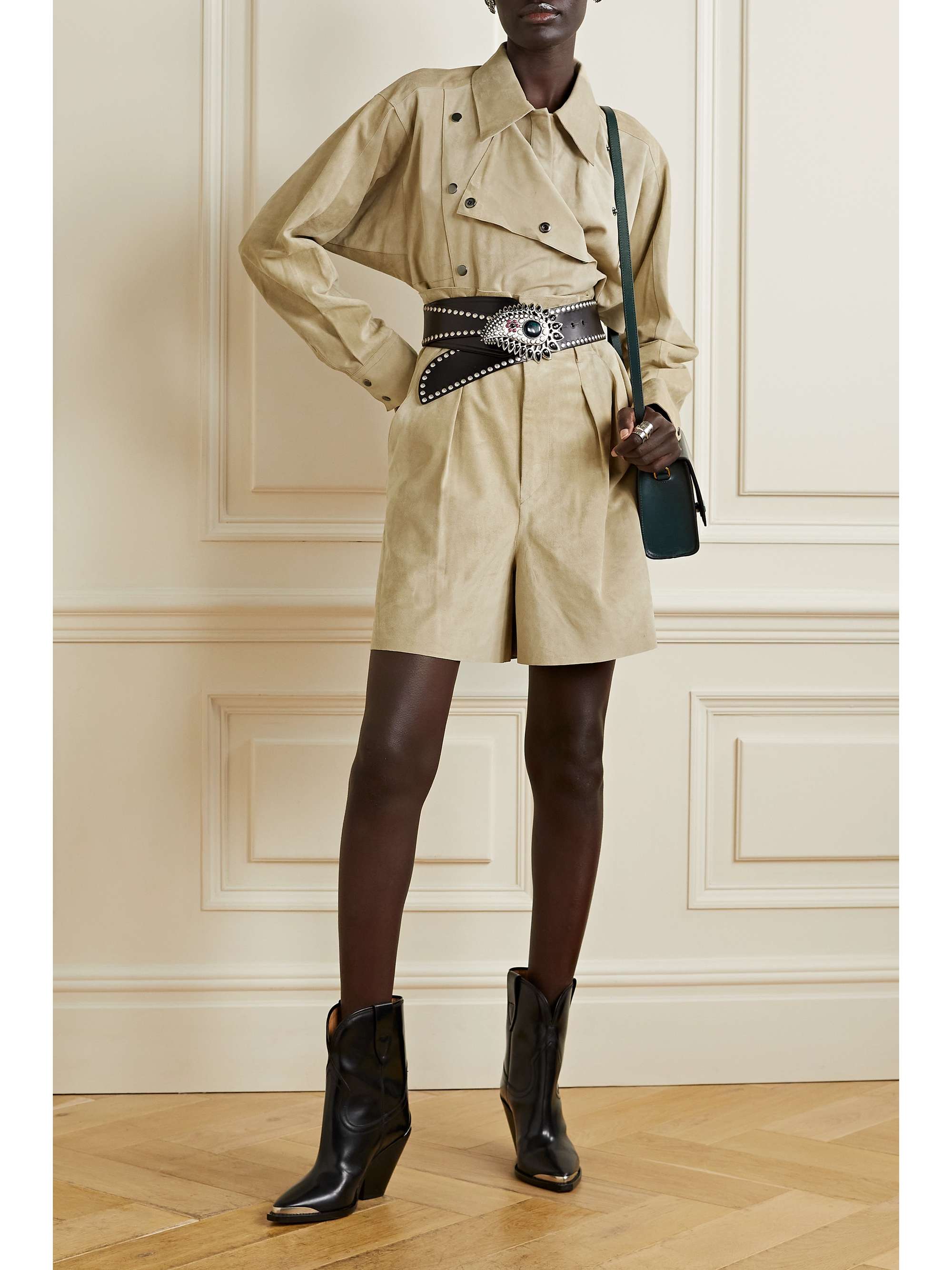 ISABEL MARANT Cililaz belted pleated suede shorts