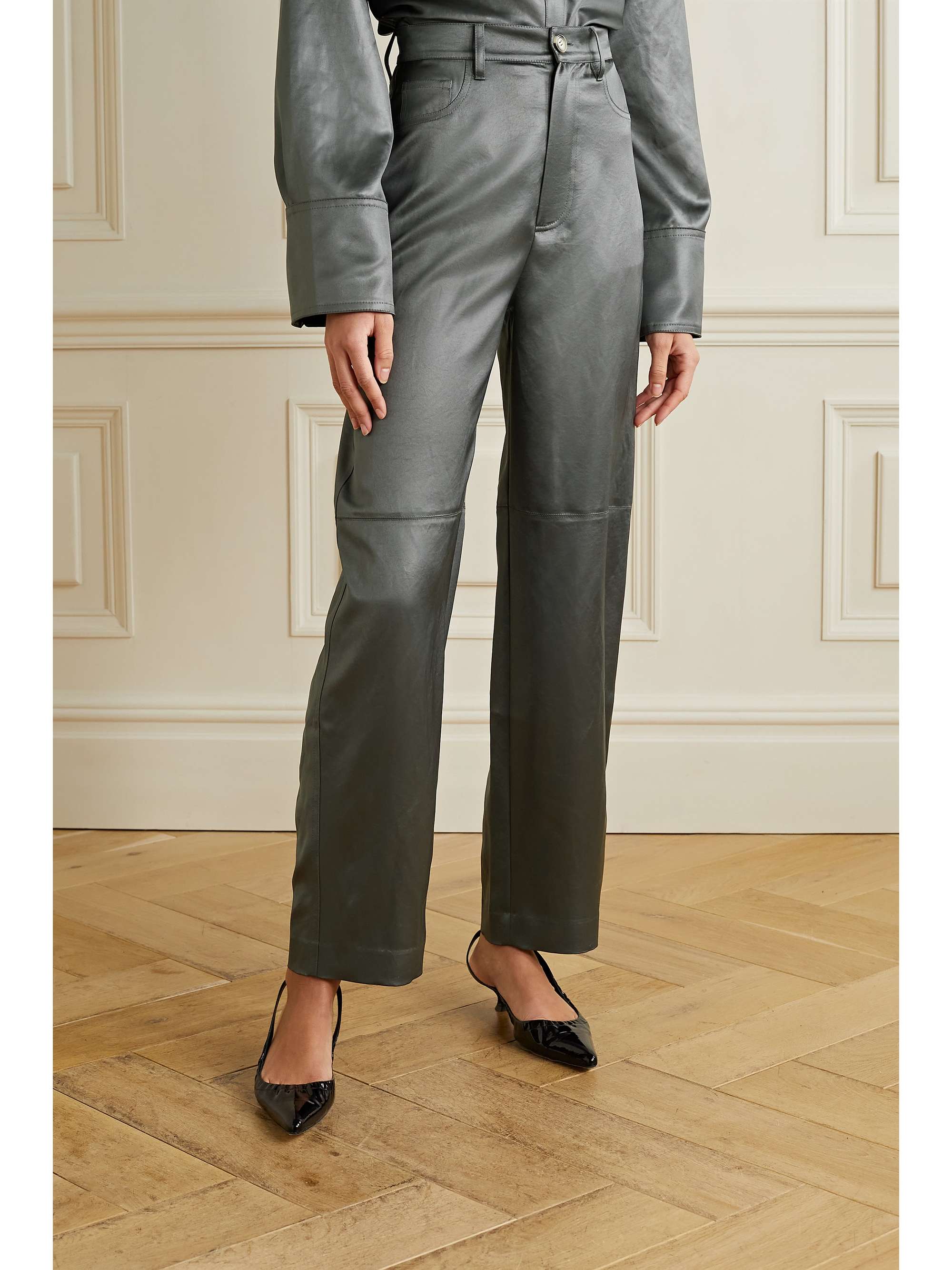 Gray Radha satin straight-leg pants 