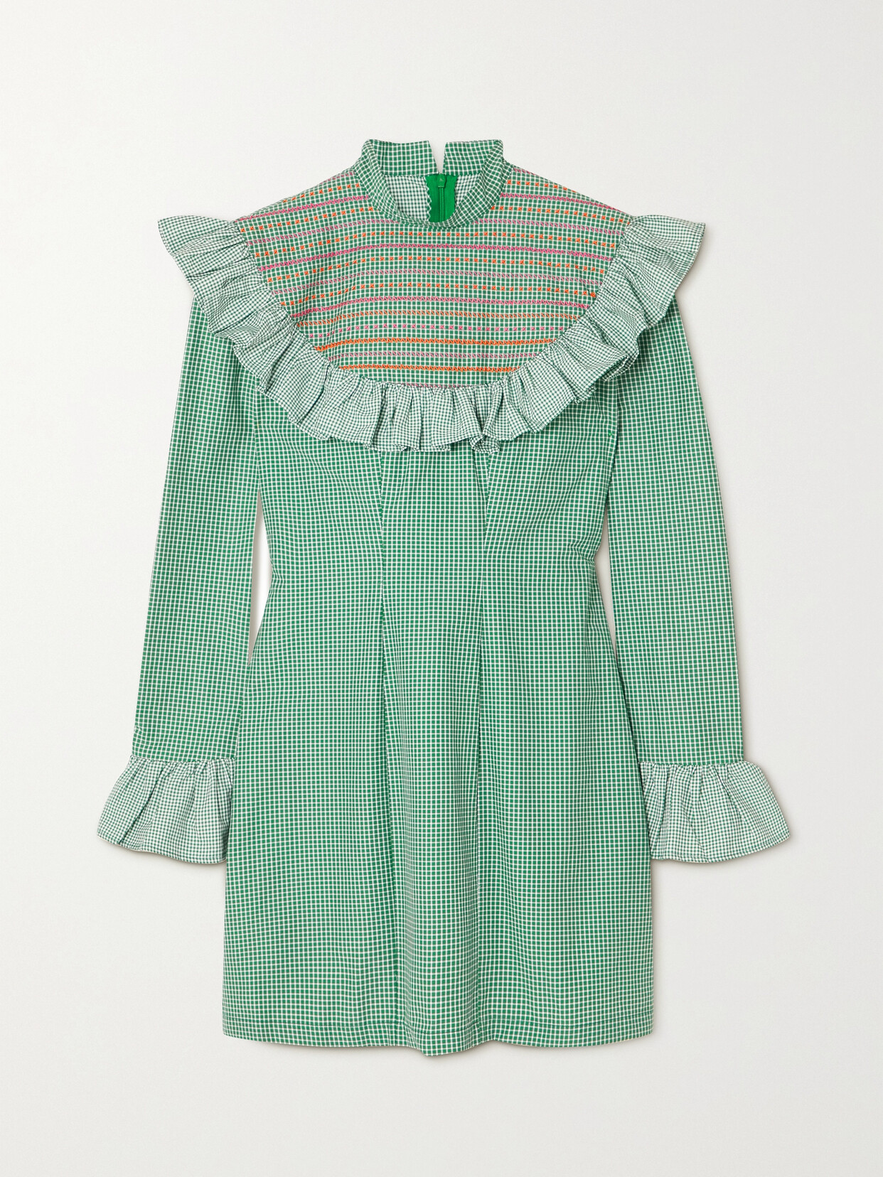 Sindiso Khumalo + The Vanguard Miss Swati Ruffled Embroidered Checked Cotton Mini Dress In Green