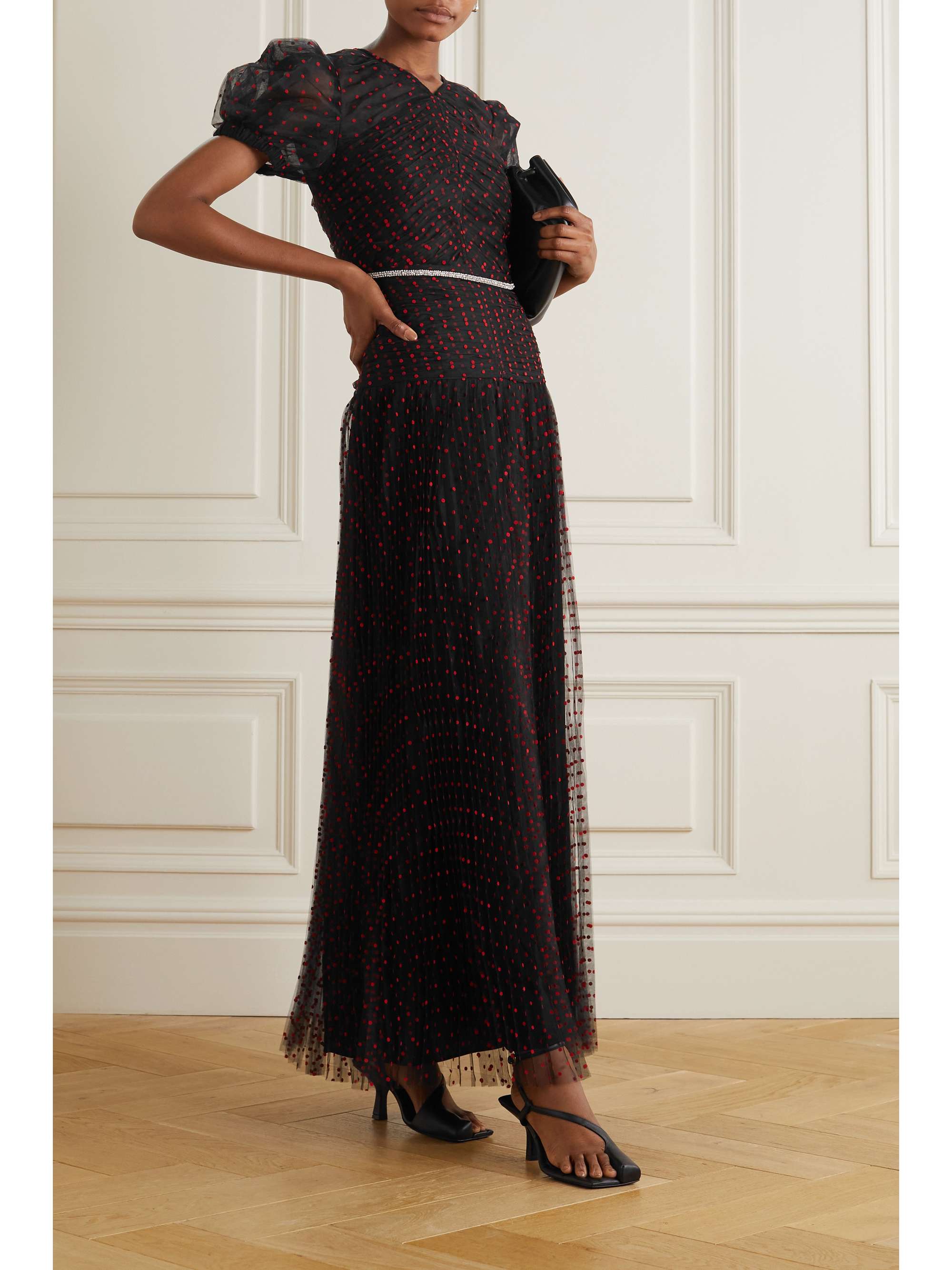 Black Belted flocked tulle maxi dress 