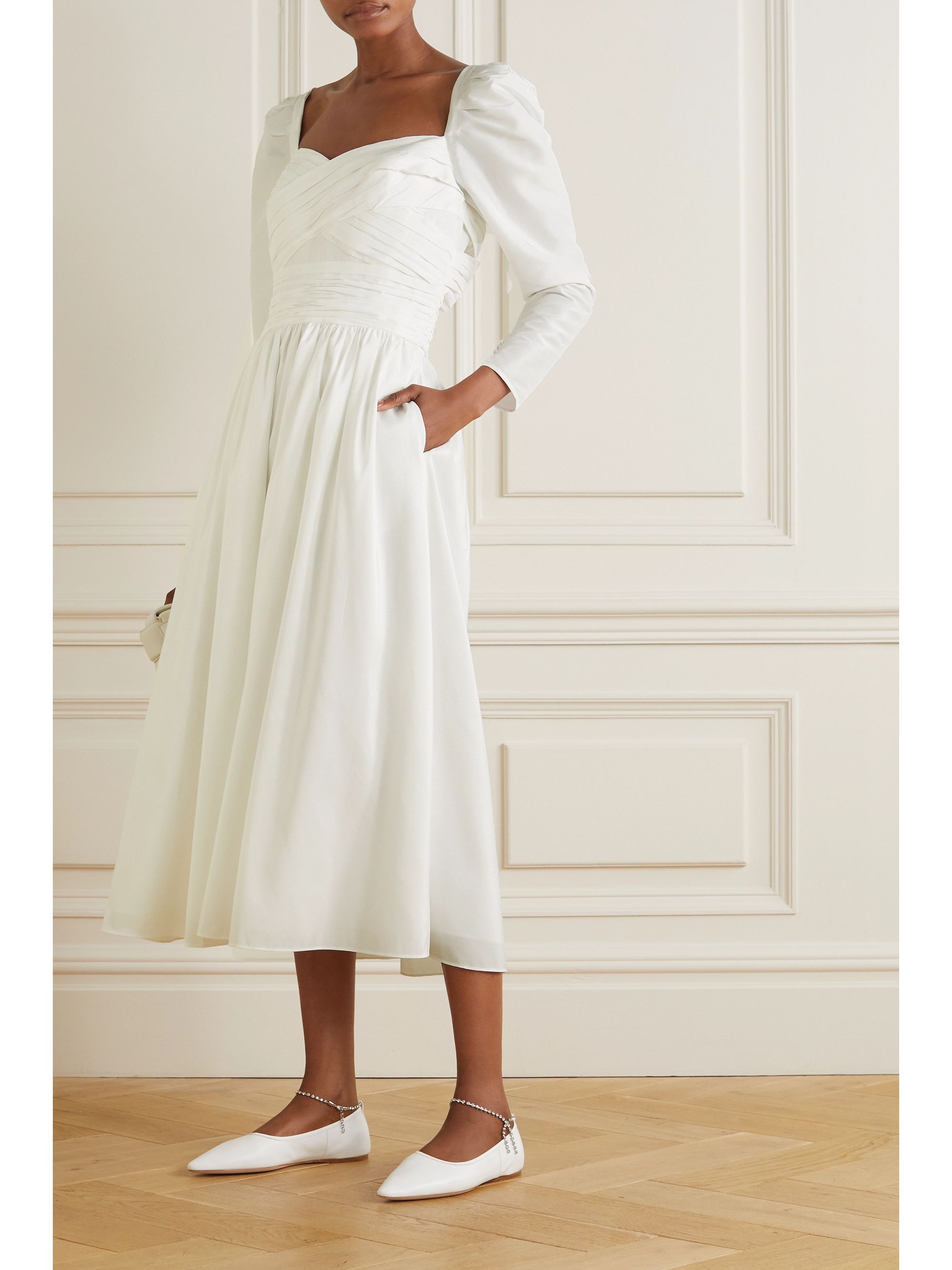 White Gathered taffeta midi dress | SELF-PORTRAIT | NET-A-PORTER