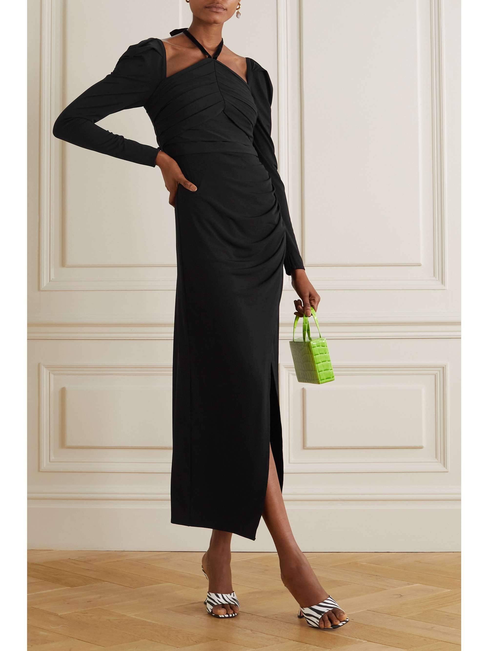 Black Gathered stretch-jersey midi dress | SELF-PORTRAIT | NET-A-PORTER