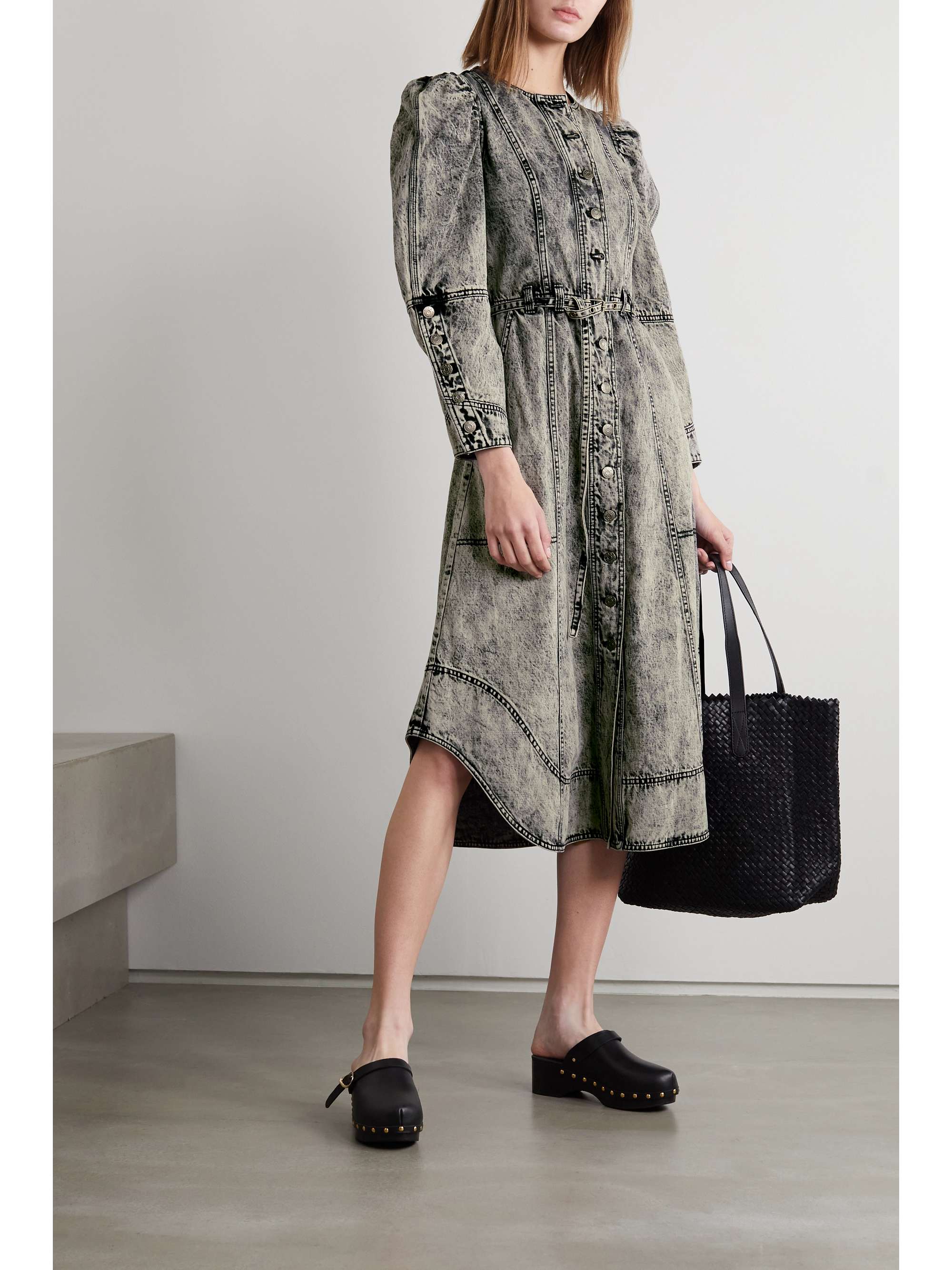 Gray Starr belted acid-wash denim midi 