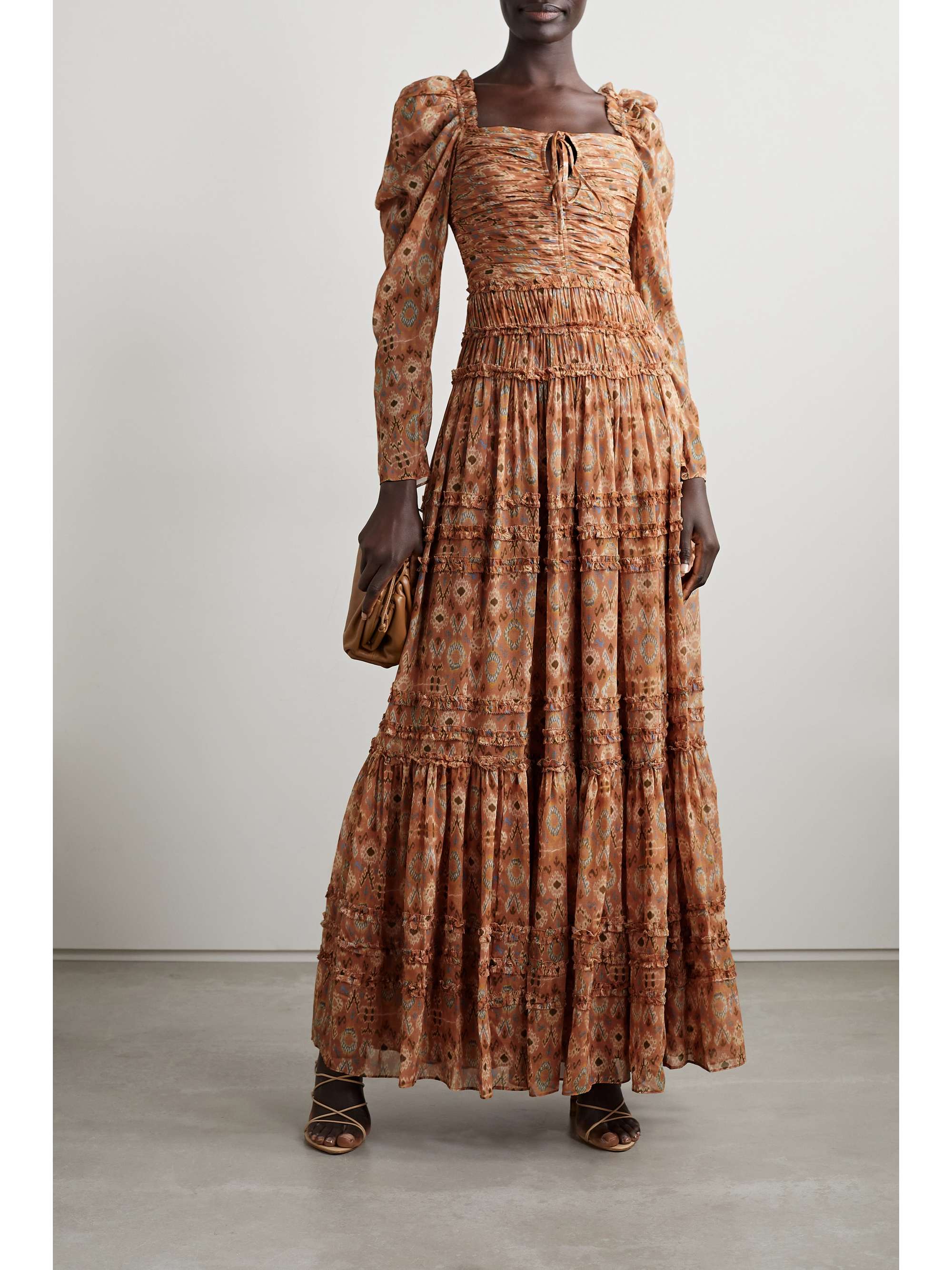 Brown Rabia ruffled ruched printed silk 