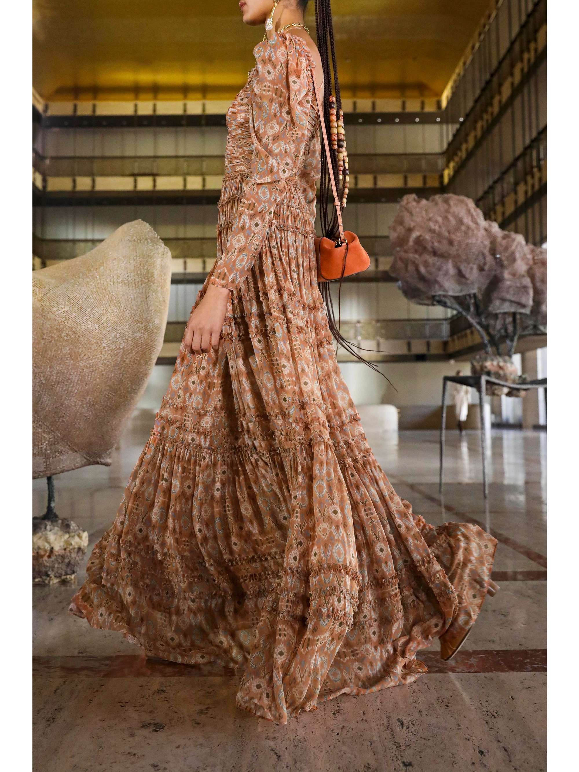 Brown Rabia ruffled ruched printed silk 