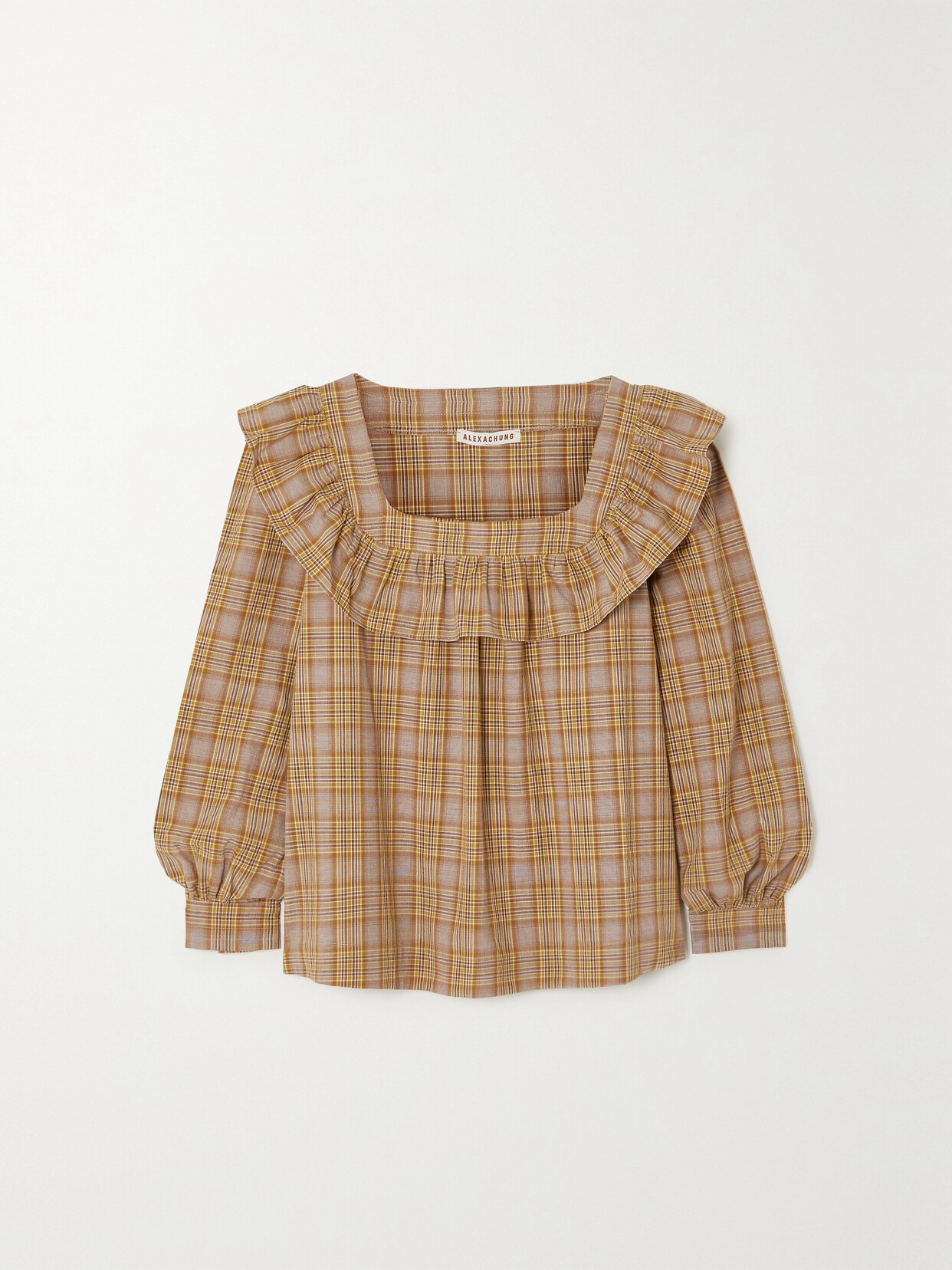 ALEXACHUNG - Ruffled Checked Cotton-poplin Blouse - Brown