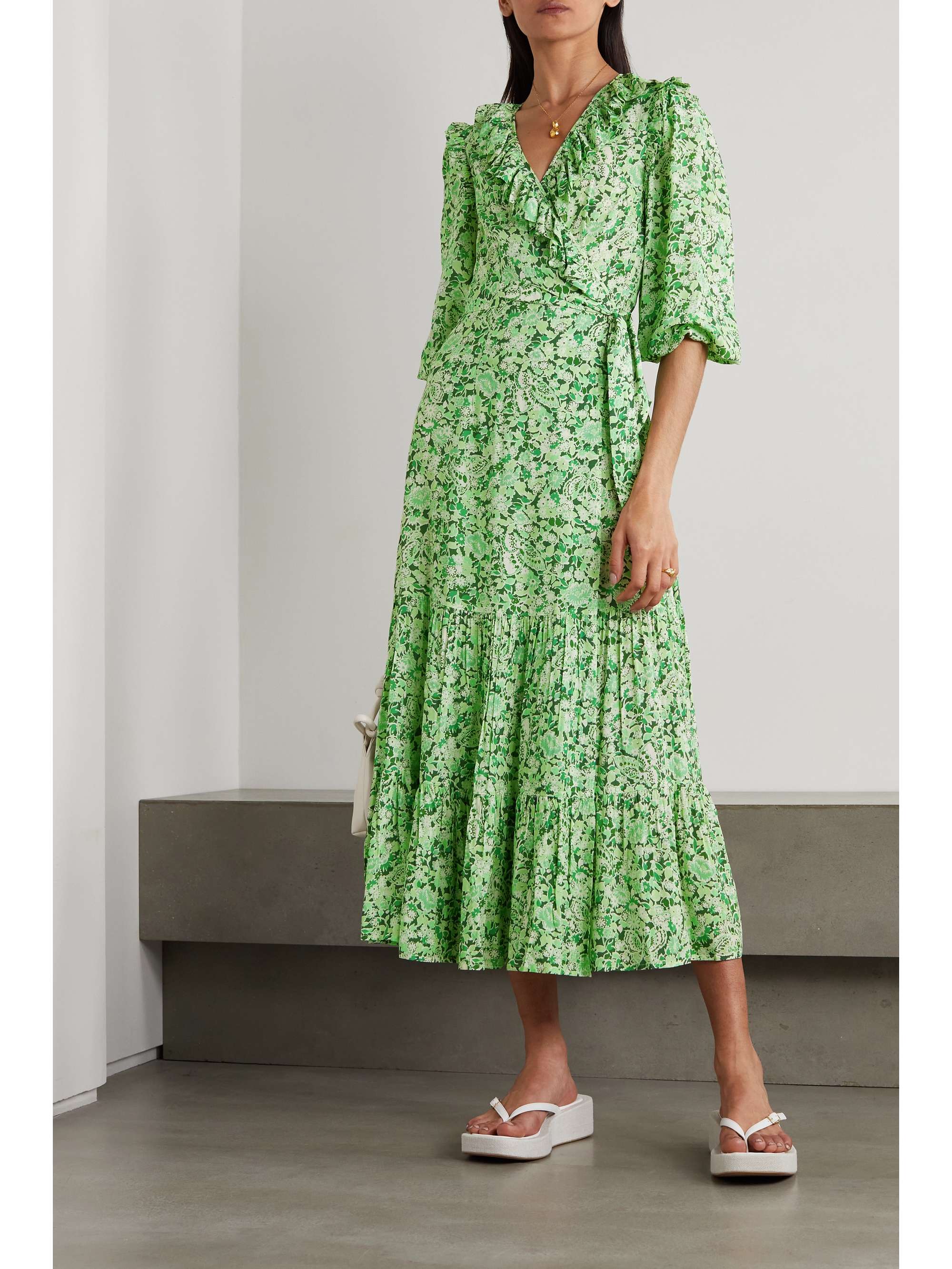 green floral wrap midi dress