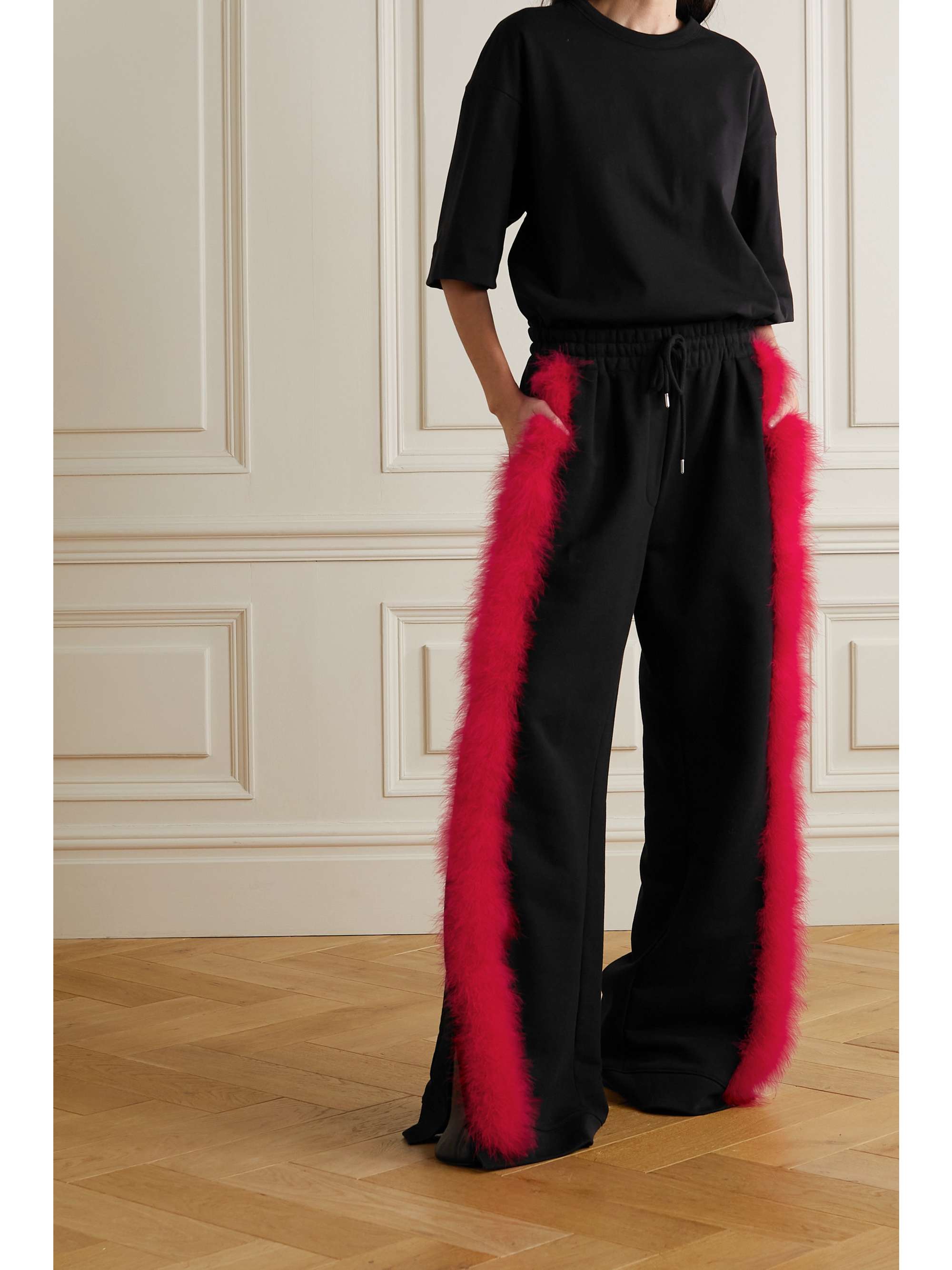 Black Feather-trimmed cotton-terry 