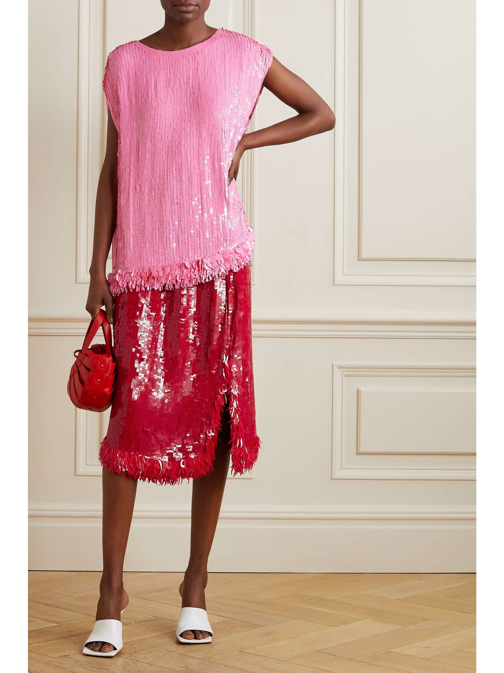 red sequin midi skirt