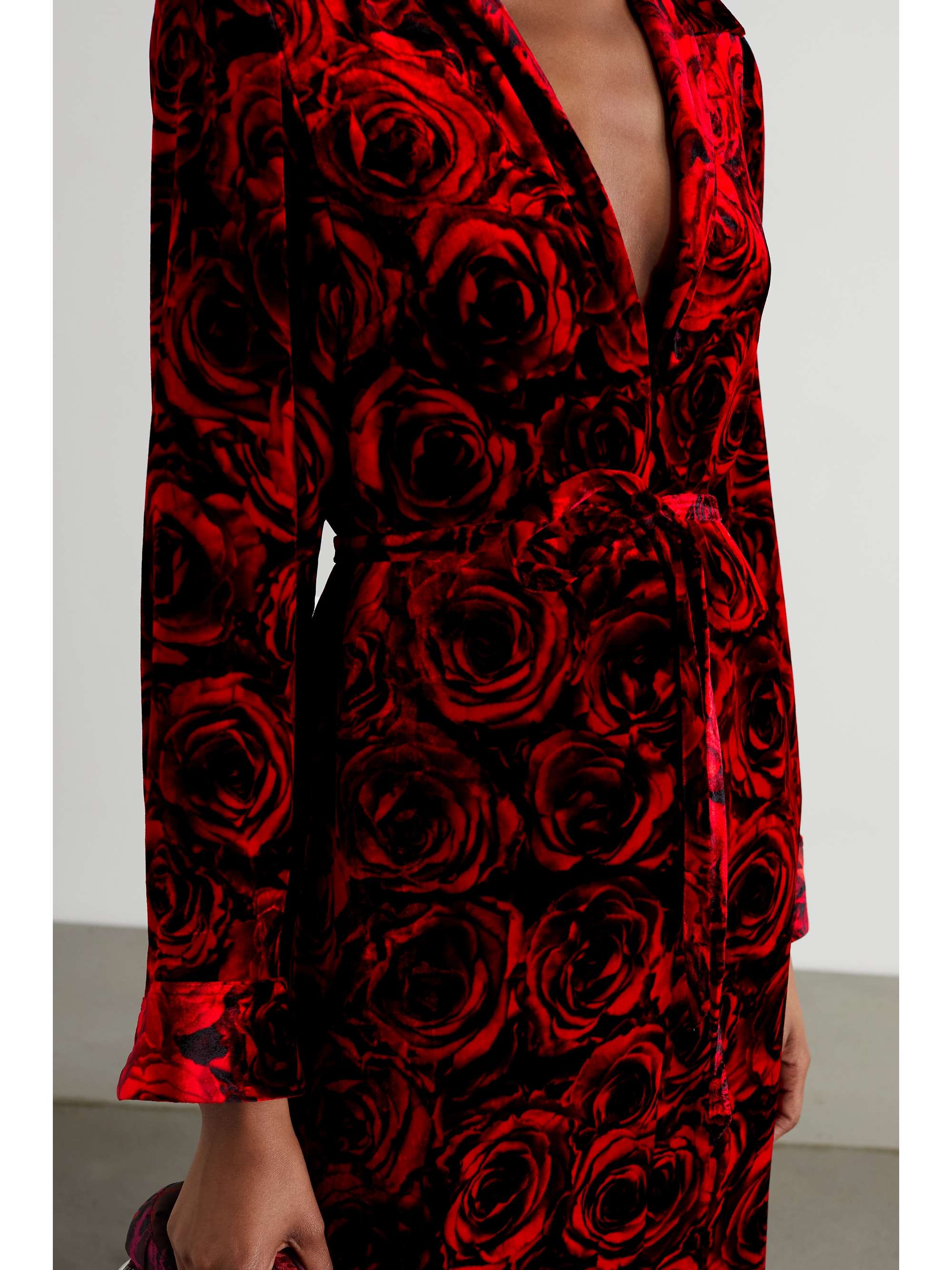 Red Floral-print velvet midi dress 