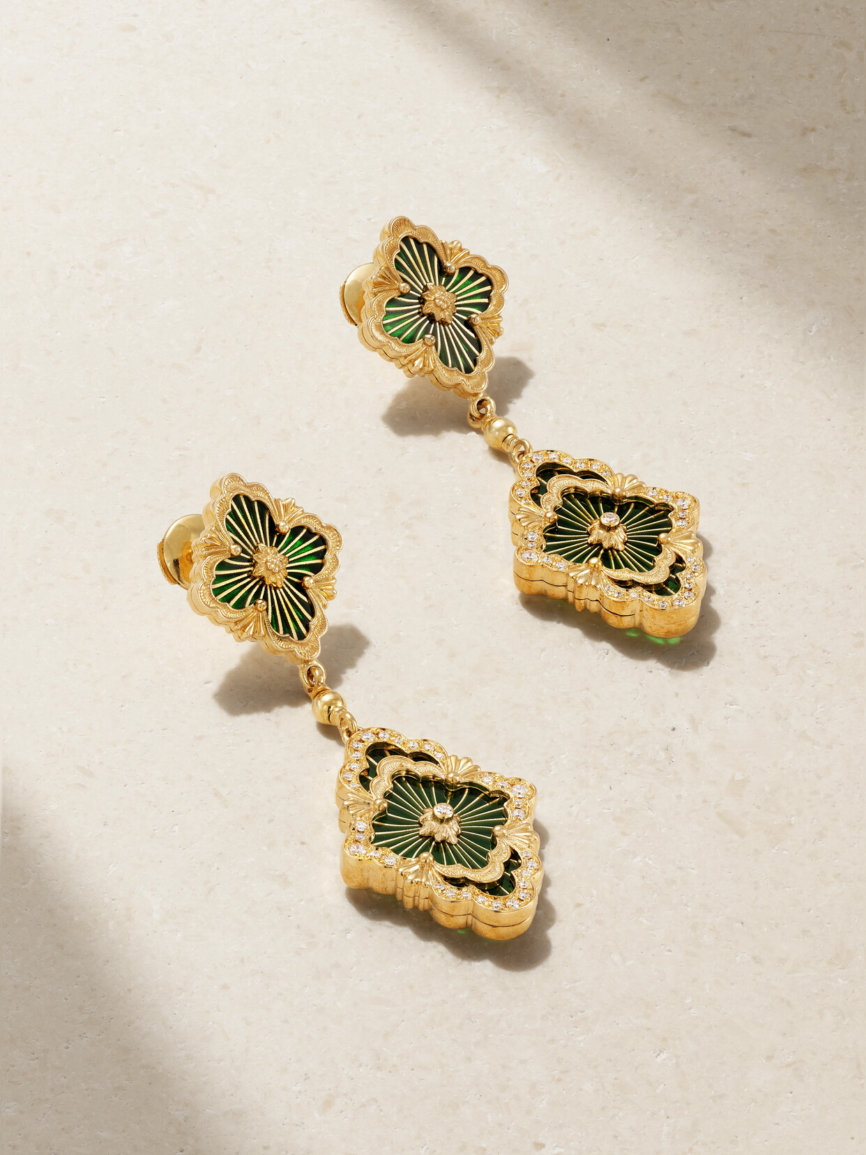 Buccellati Opera Tulle Pendant Earrings In Green With Diamonds And 18k Yellow Gold