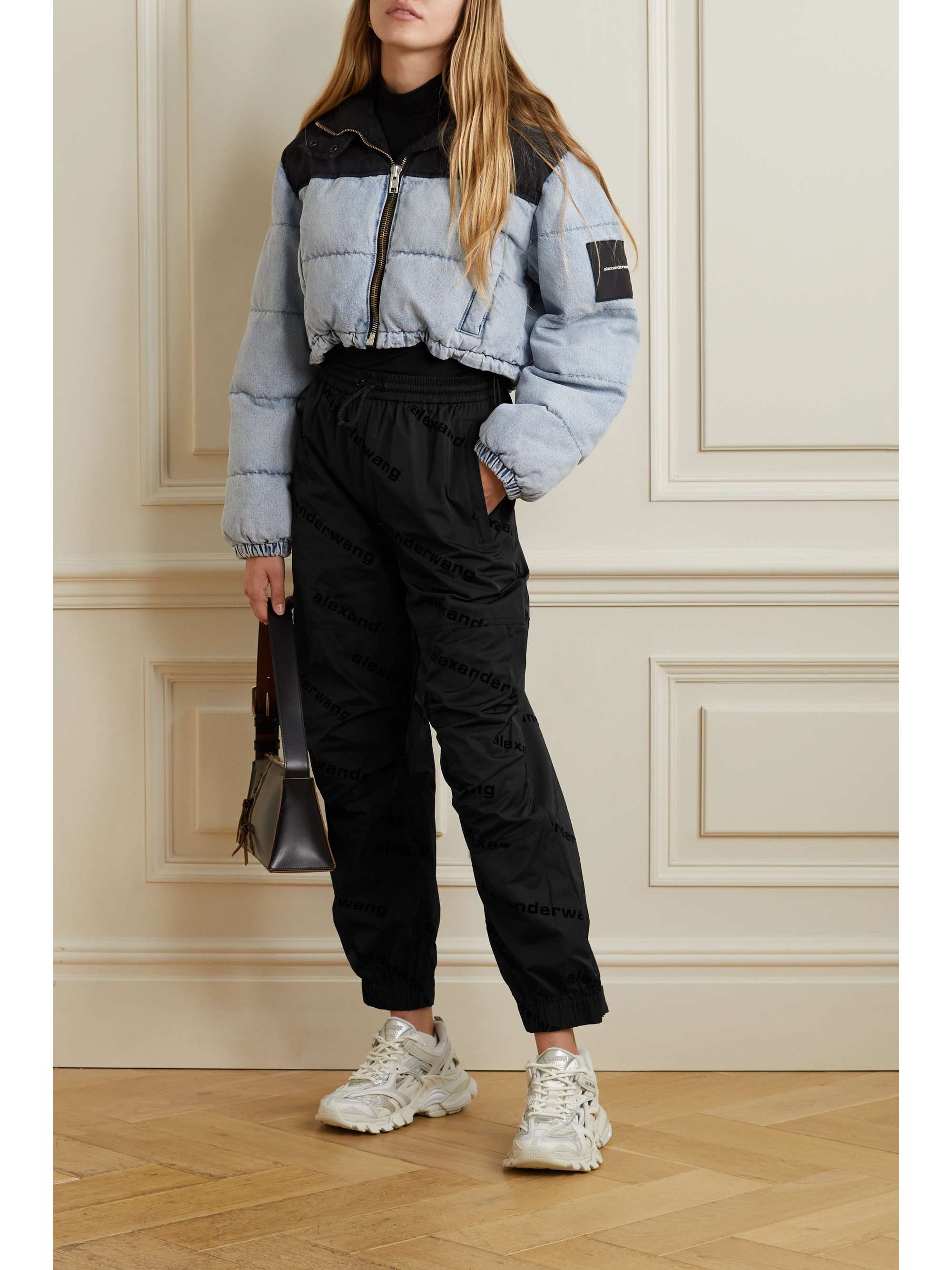 Black Flocked shell track pants 