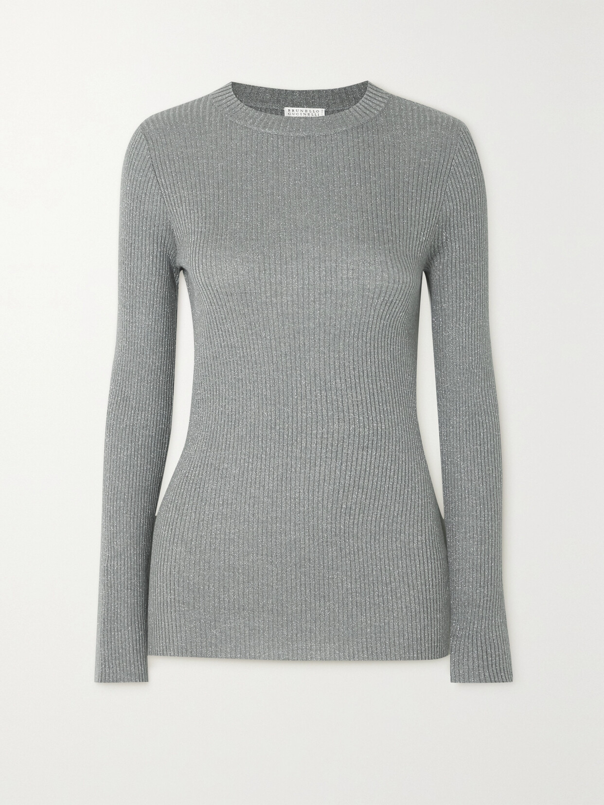 Brunello Cucinelli Ribbed Metallic Cashmere-blend Sweater In Gray