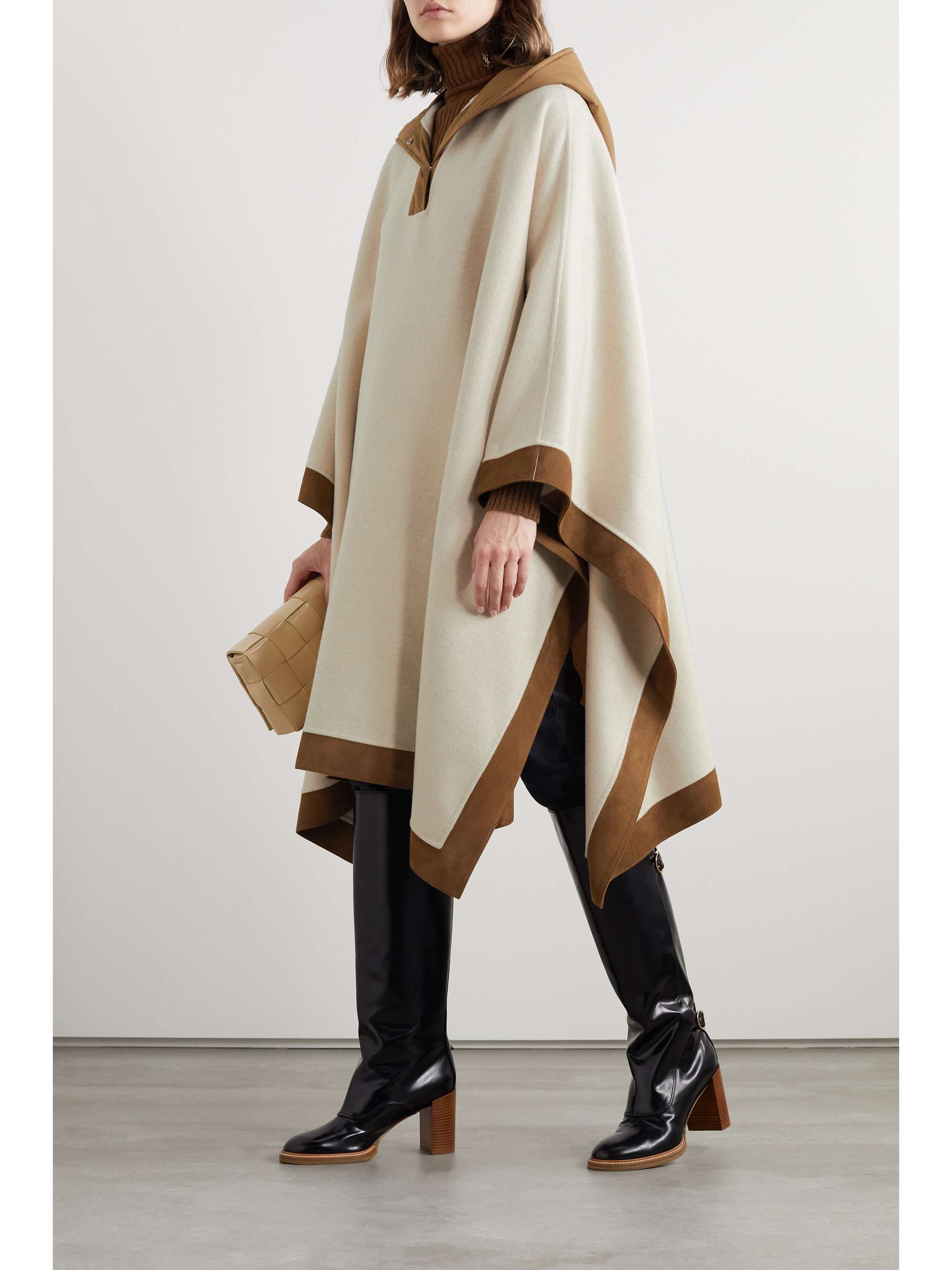 LORO PIANA Chandra hooded suede and shell-trimmed cashmere cape