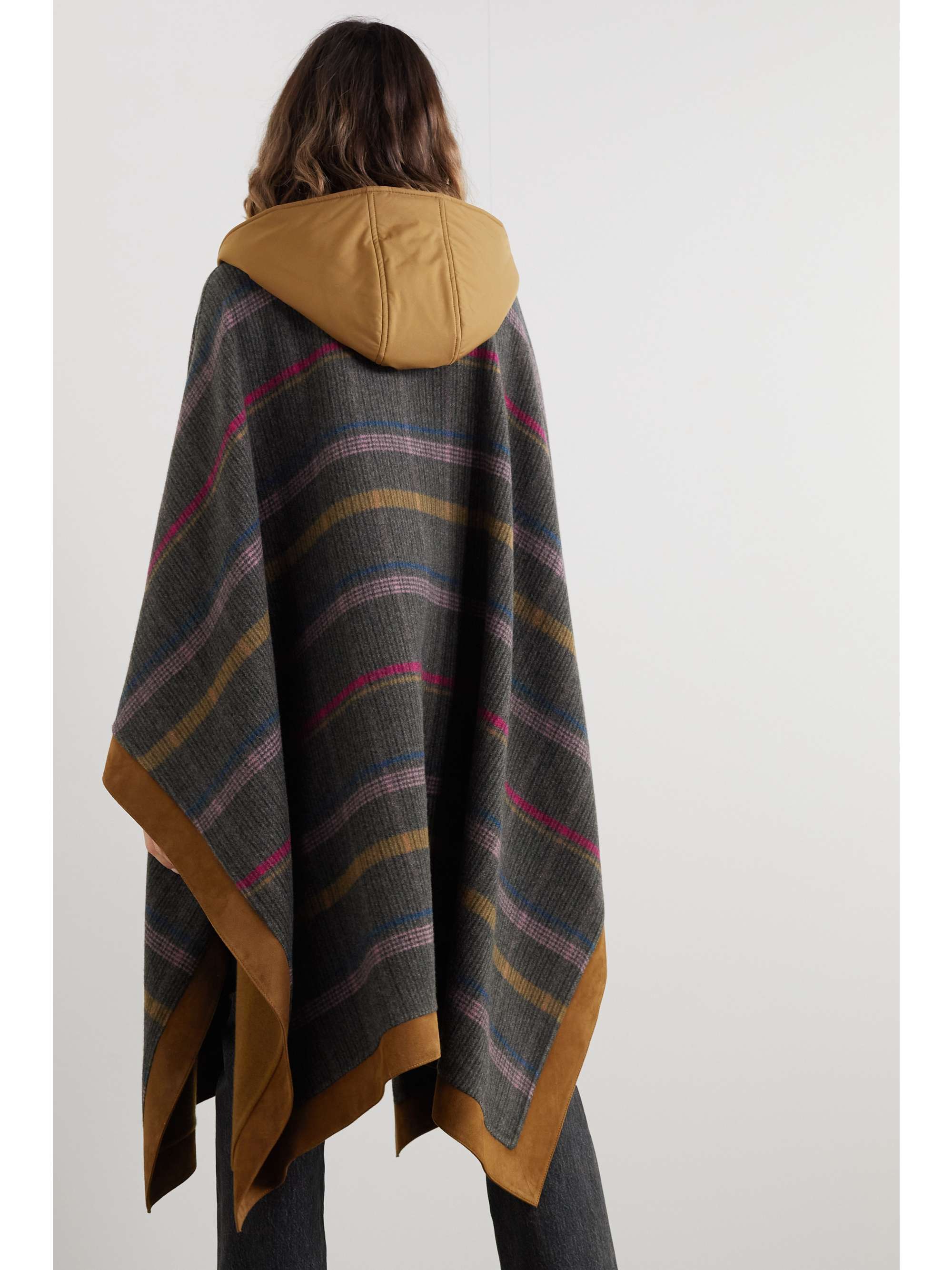 LORO PIANA Chandra hooded suede and shell-trimmed checked cashmere cape