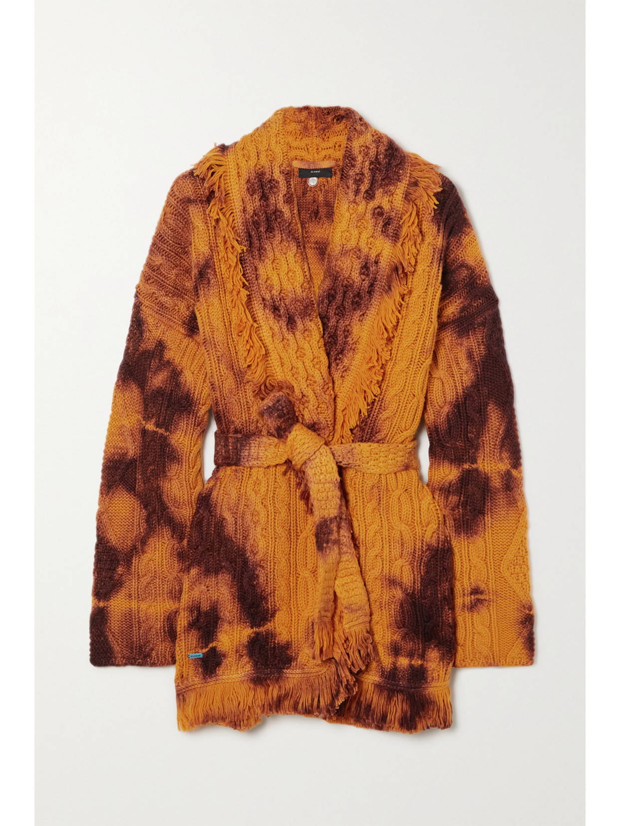 ALANUI PIEDRAS ROJAS BELTED FRINGED TIE-DYED CABLE-KNIT WOOL CARDIGAN