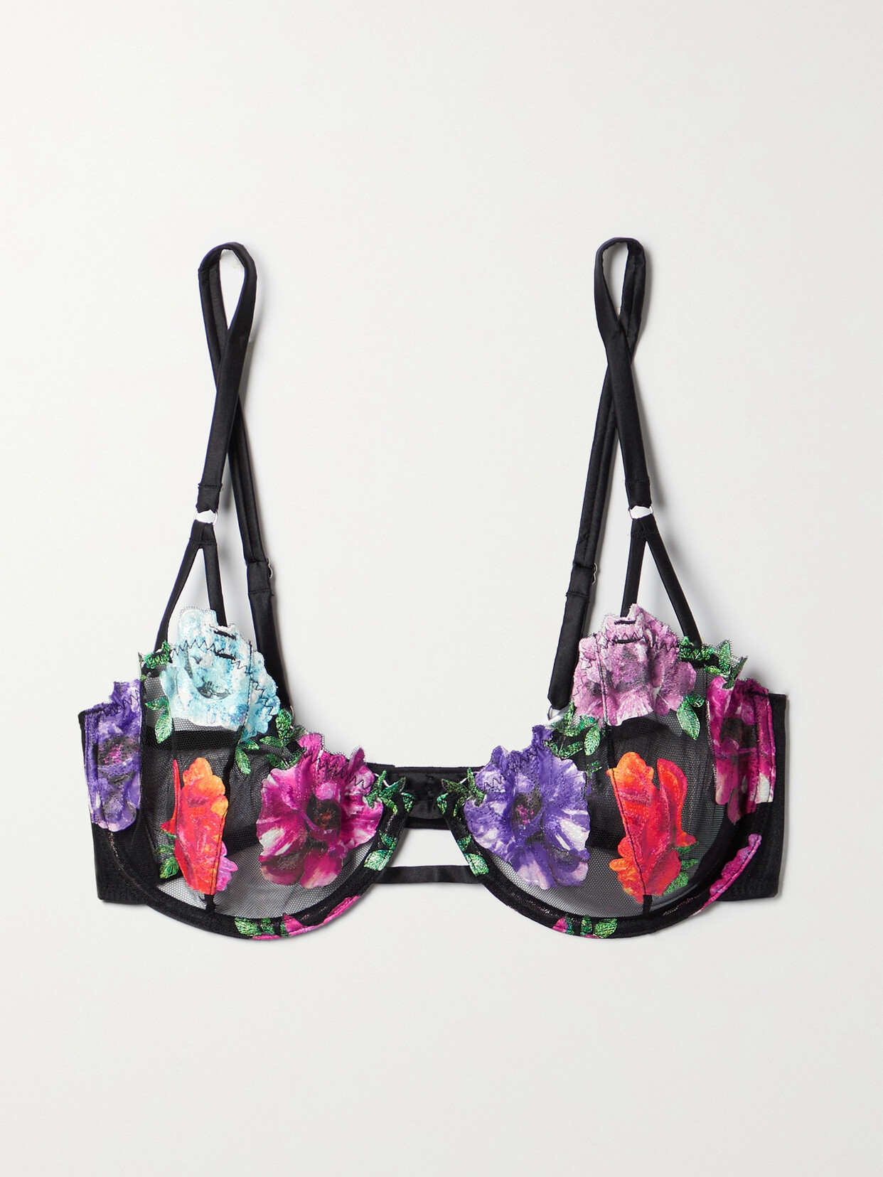 Fleur du Mal Monet Satin-trimmed Appliquéd Stretch-tulle Underwired Soft-cup Bra - Black