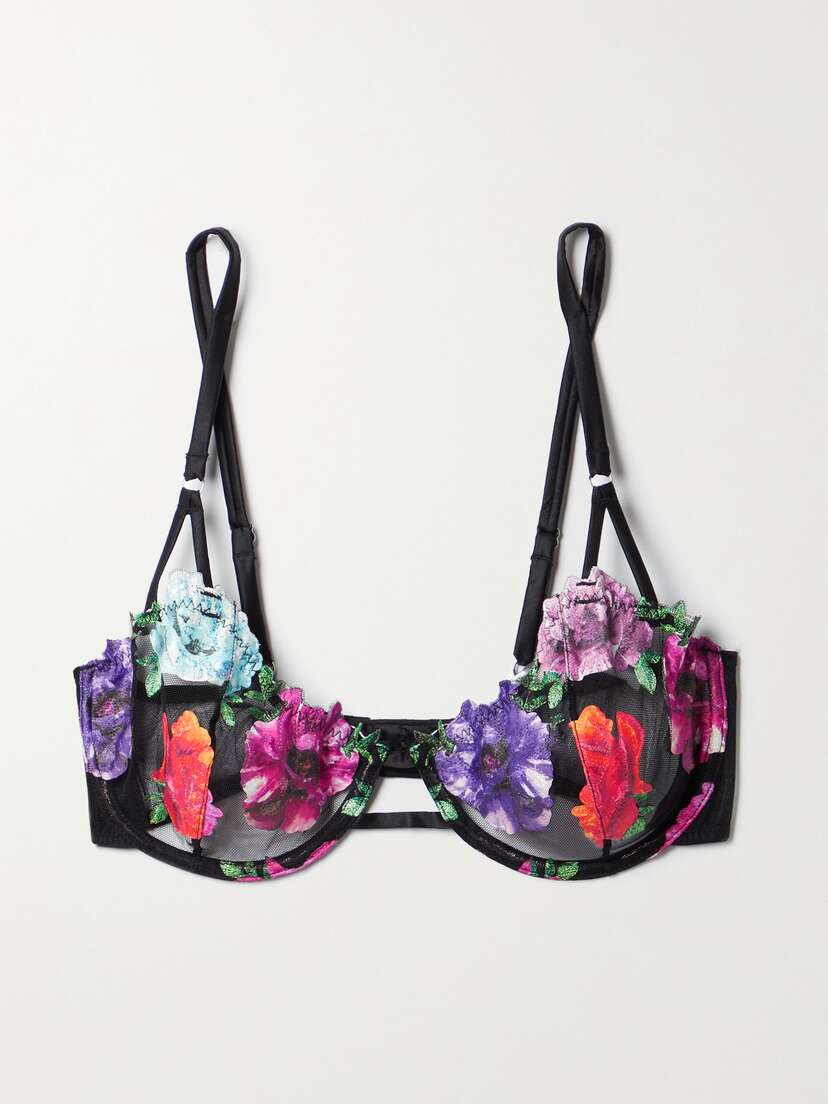 Fleur du Mal Monet Satin-trimmed Appliquéd Stretch-tulle Underwired Soft-cup Bra