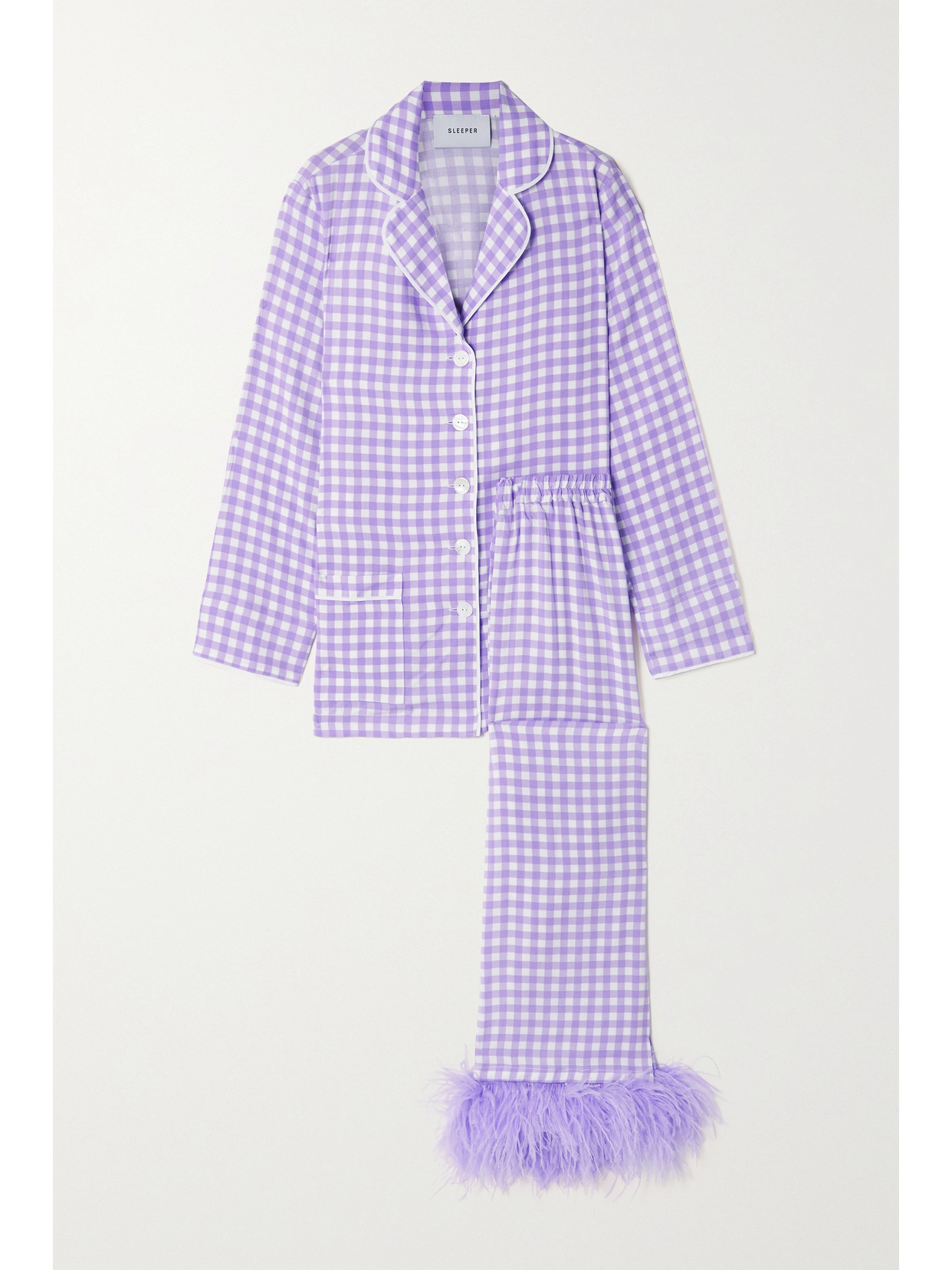 Feather-trimmed Gingham Crepe De Chine Pajama Set