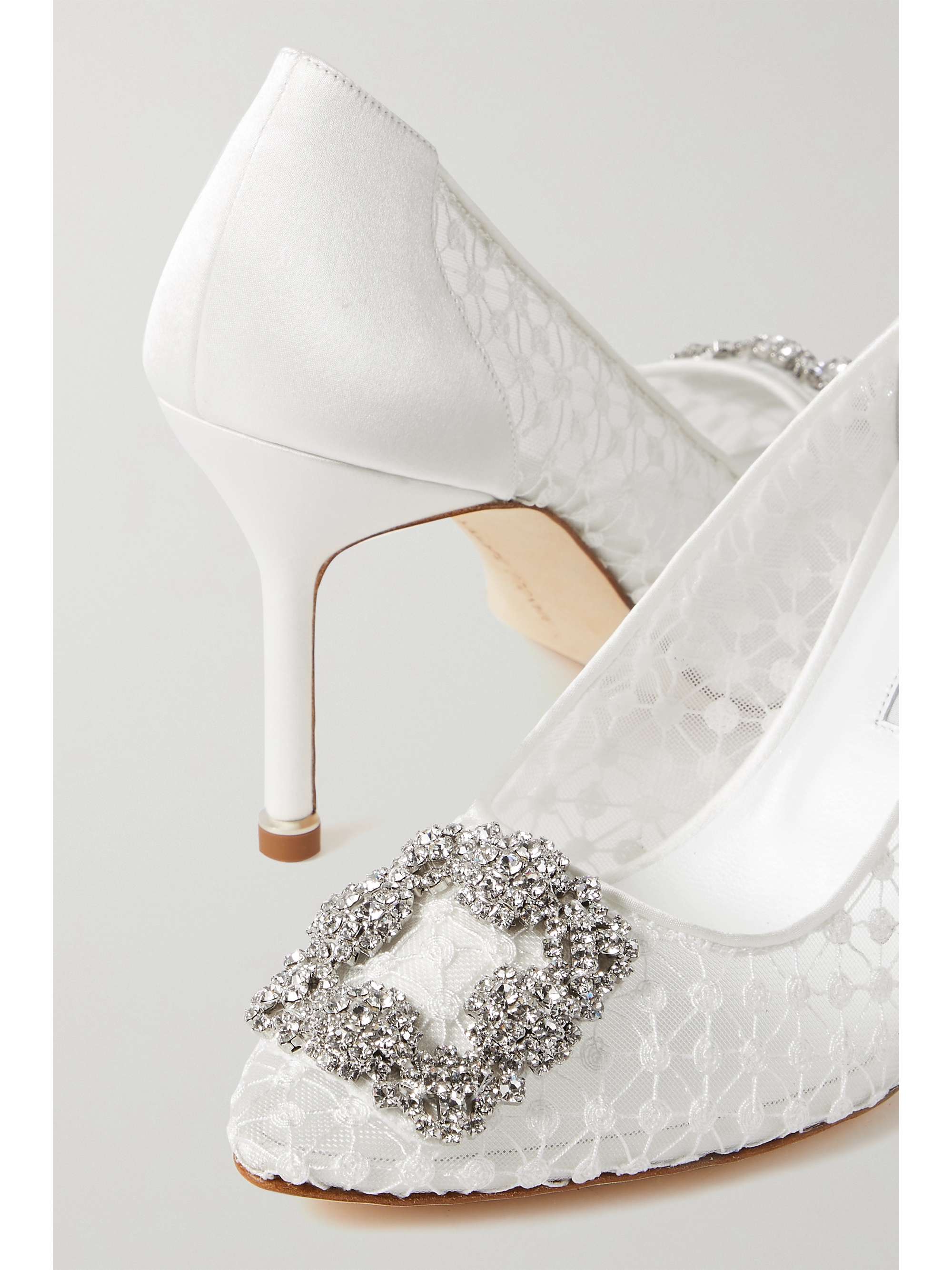 manolo blahnik hangisi 90 embellished lace mesh and satin pumps