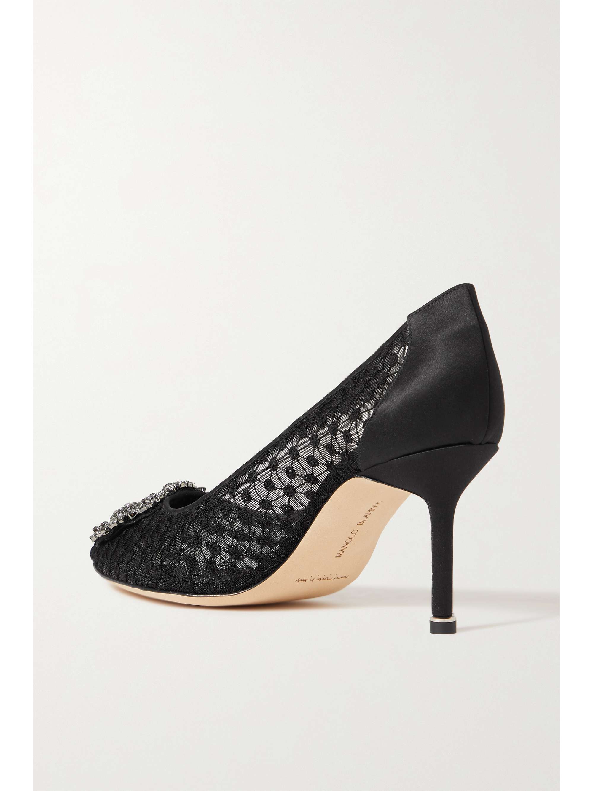 manolo blahnik hangisi 90 embellished lace mesh and satin pumps