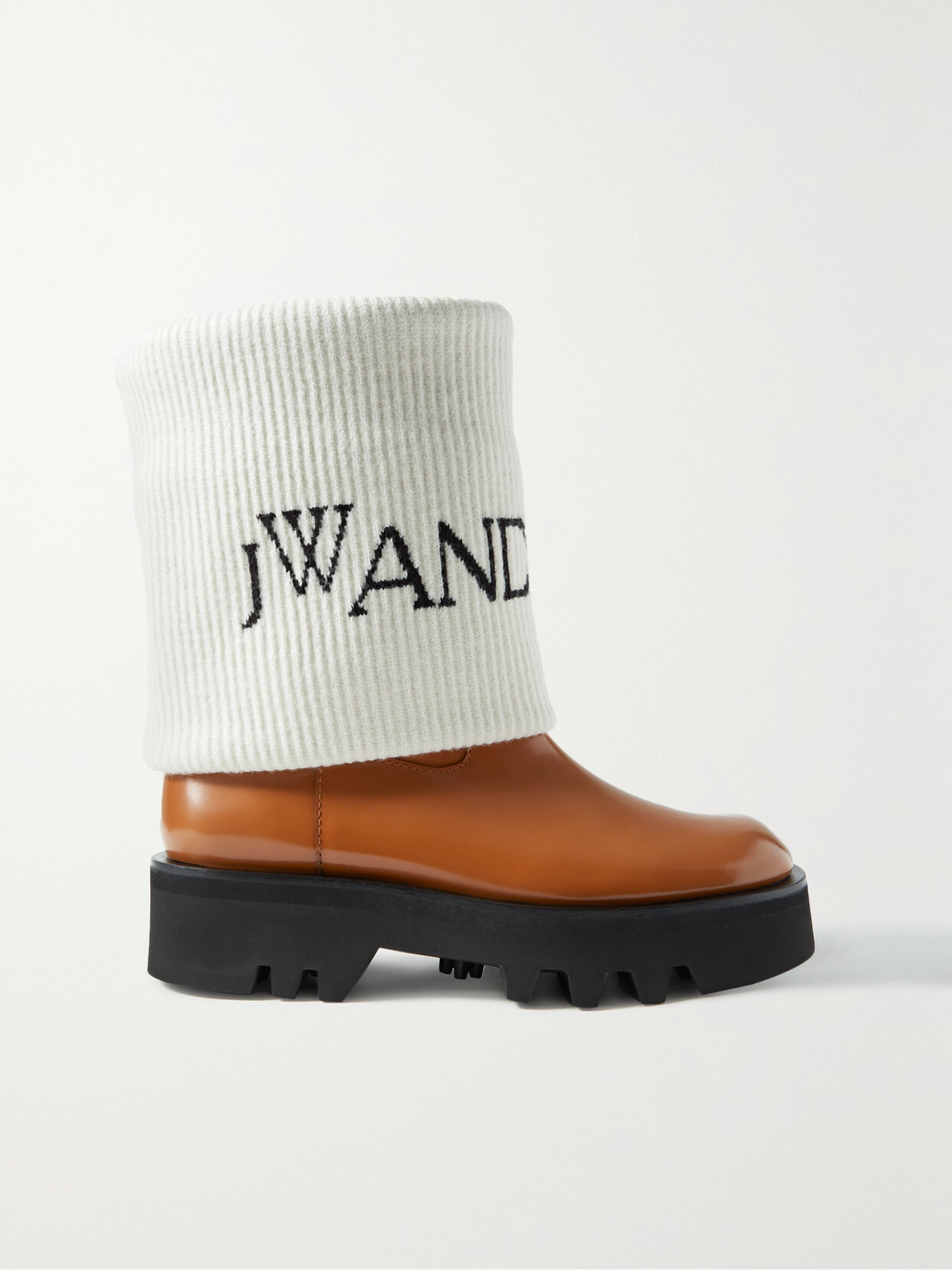 Jw Anderson Fisherman Wool-jacquard Trimmed Glossed-leather Ankle Boots In Orange