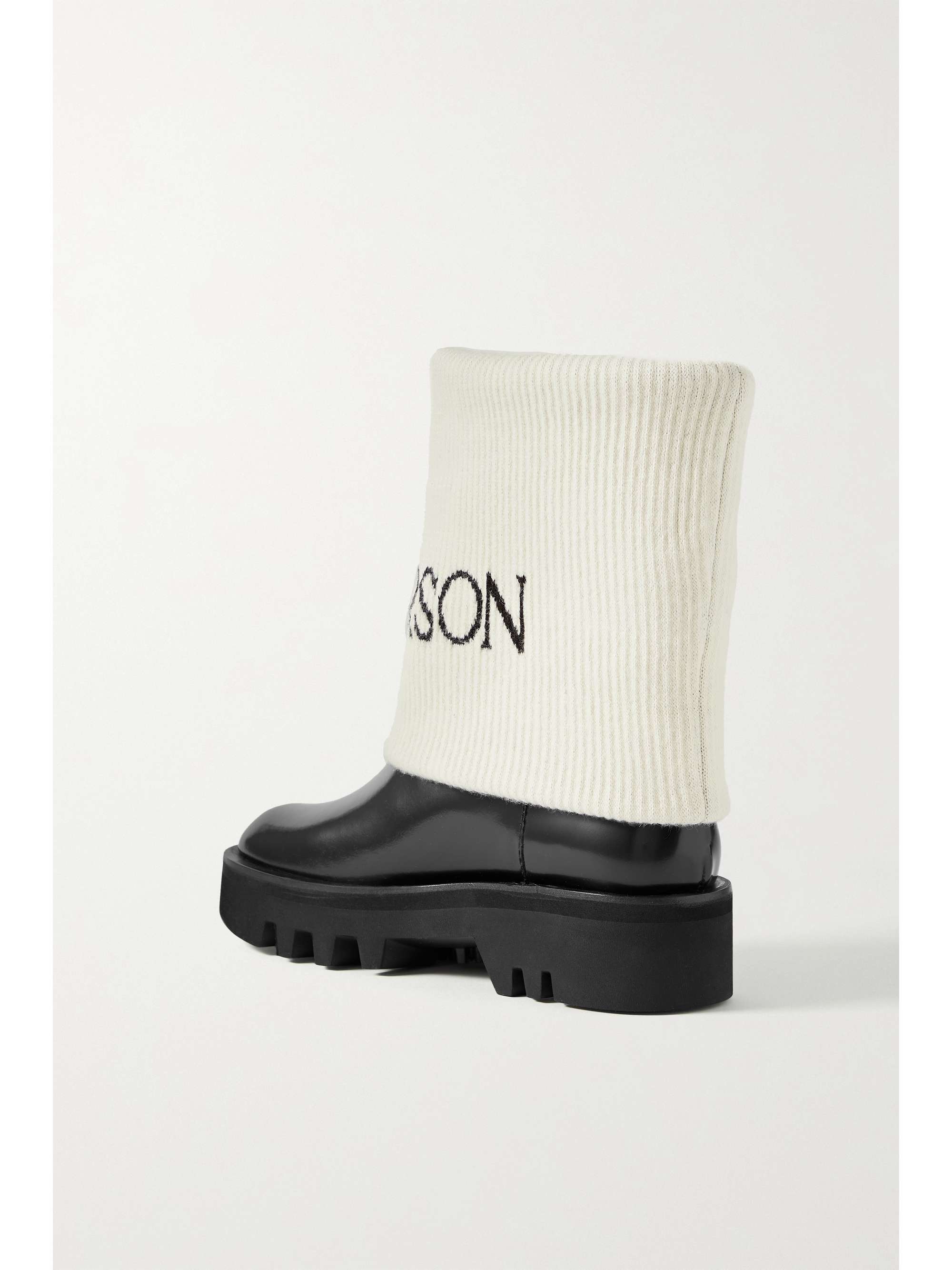 Fisherman wool jacquard-trimmed glossed-leather ankle boots