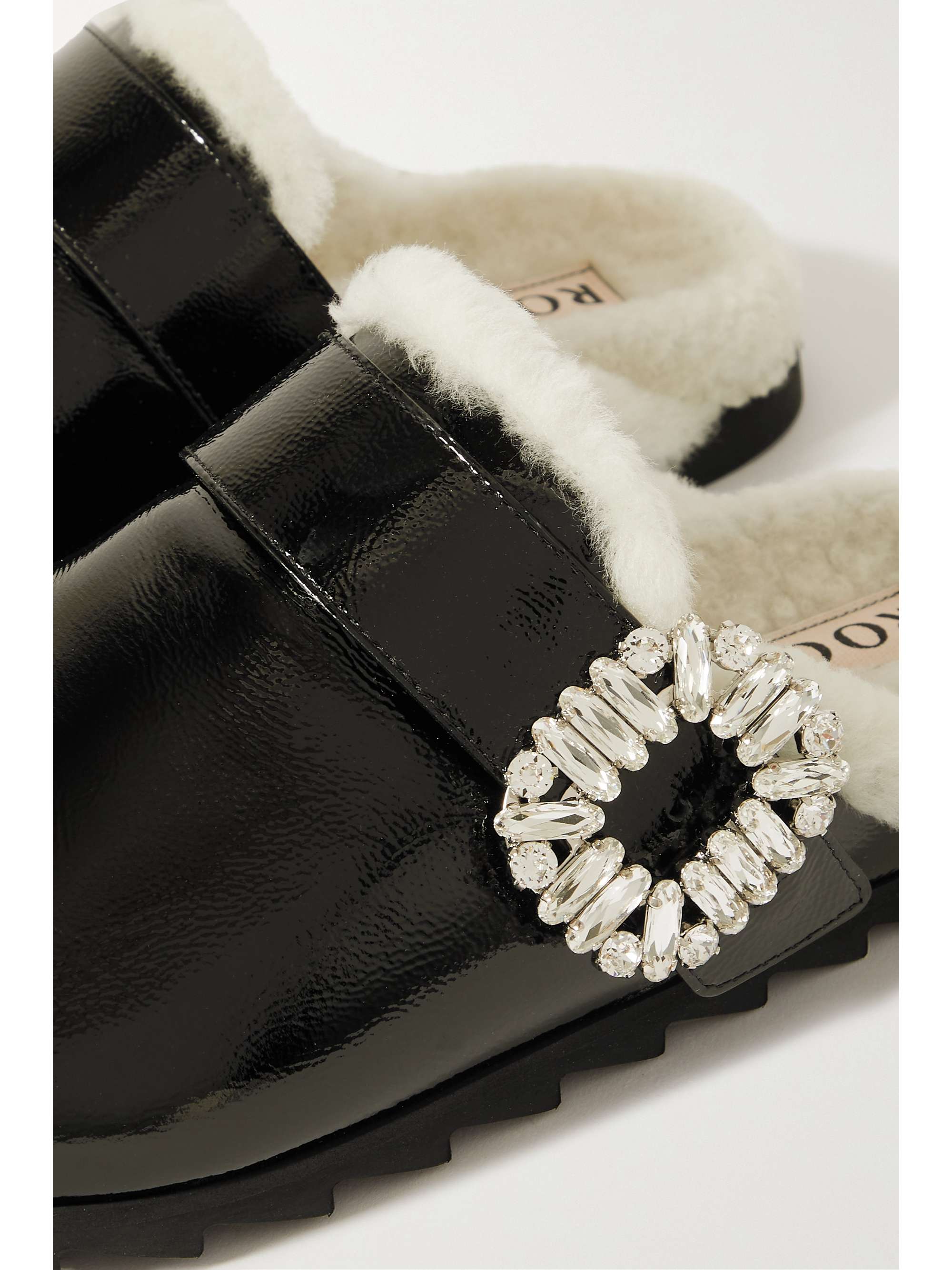 ROGER VIVIER Viv crystal-embellished shearling-lined patent-leather clogs