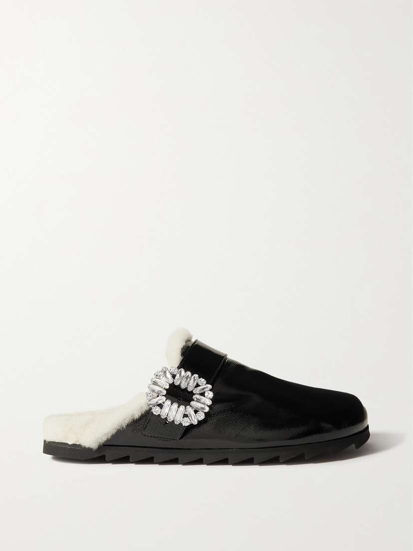 Roger Vivier Viv Crystal-embellished Shearling-lined Patent-leather Clogs