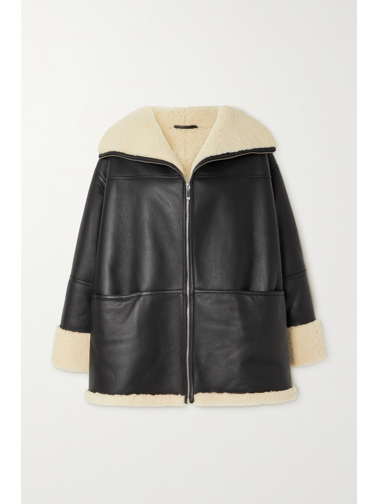 Totême Two-tone Shearling Zipped Jacket In Black Leather In Black