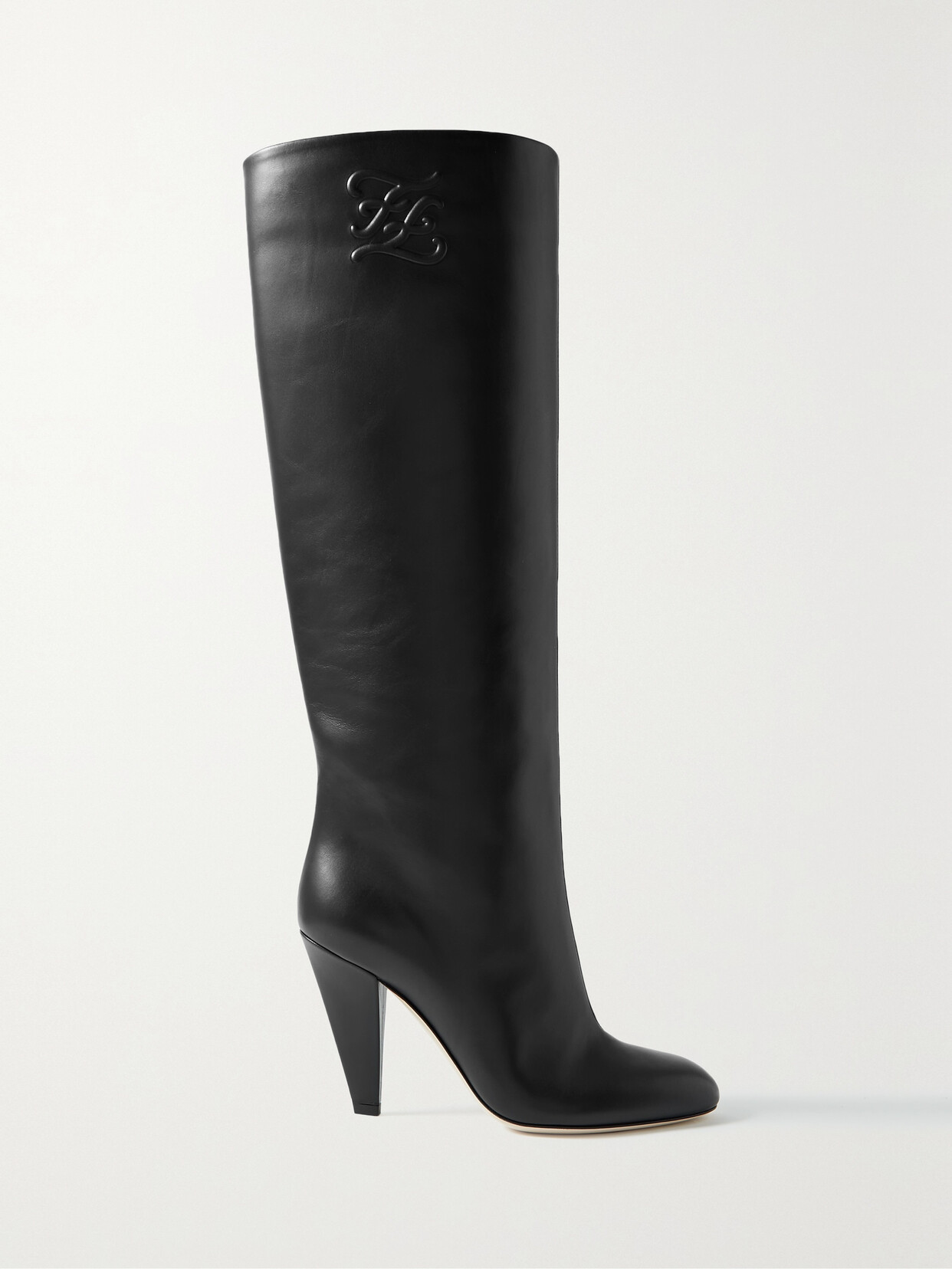 FENDI KARLIGRAPHY LOGO-EMBOSSED LEATHER KNEE BOOTS