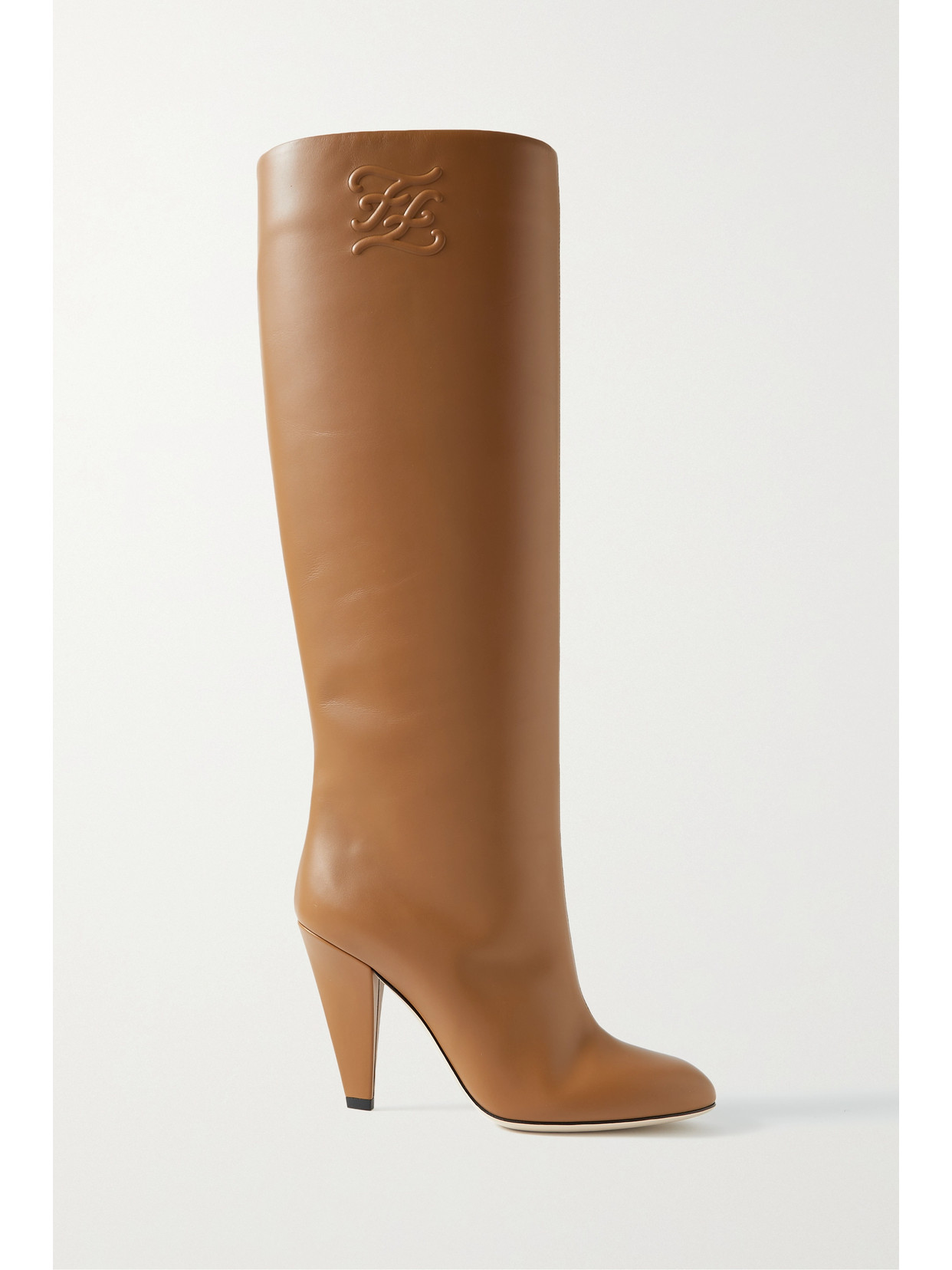 FENDI KARLIGRAPHY LOGO-EMBOSSED LEATHER KNEE BOOTS