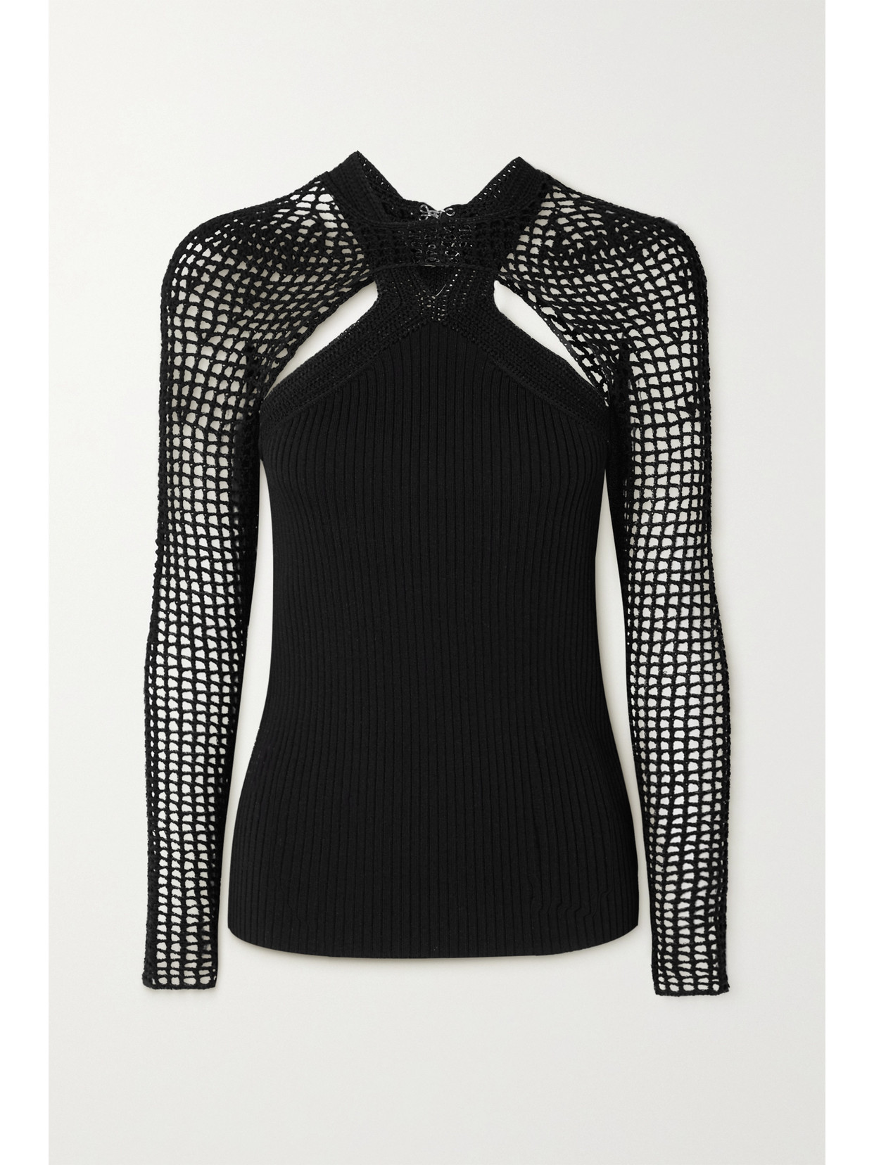 DION LEE LAYERED RIBBED-KNIT AND CROCHETED TOP