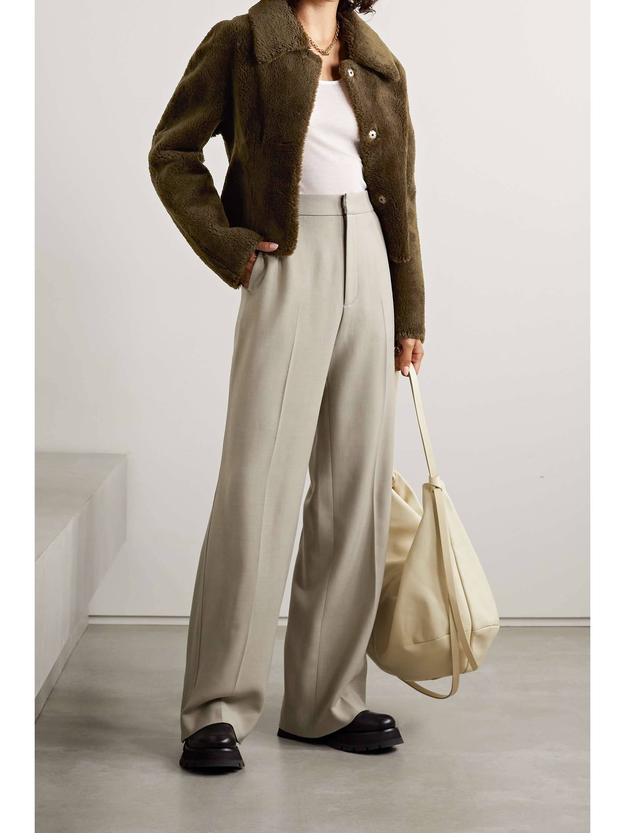 green cropped fur jacket