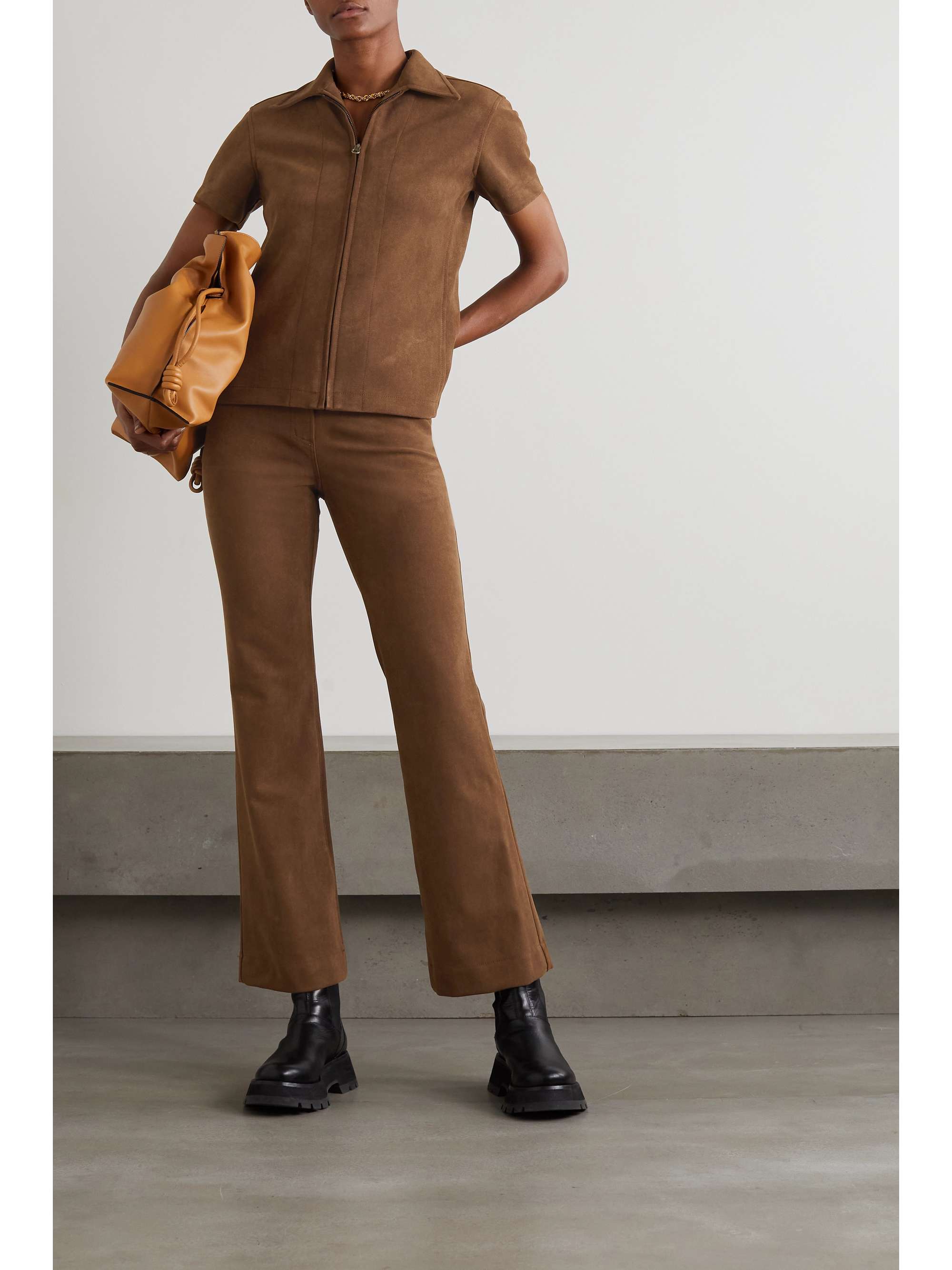 Brown Faux leather-trimmed faux suede 