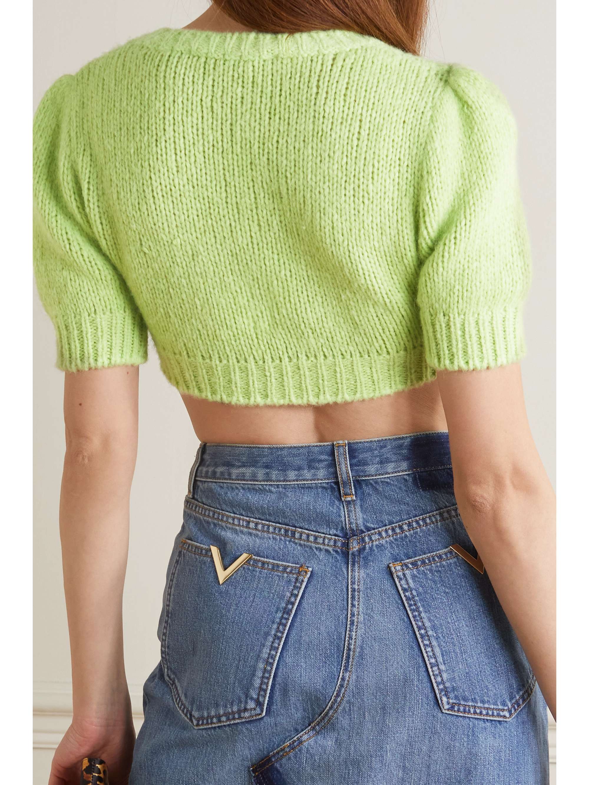 ALESSANDRA RICH Cropped embroidered cable-knit alpaca-blend sweater