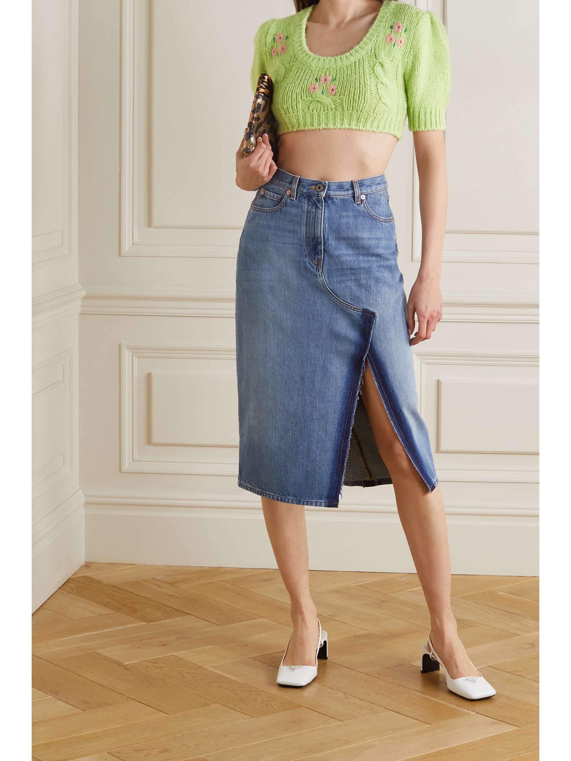 ALESSANDRA RICH Cropped embroidered cable-knit alpaca-blend sweater